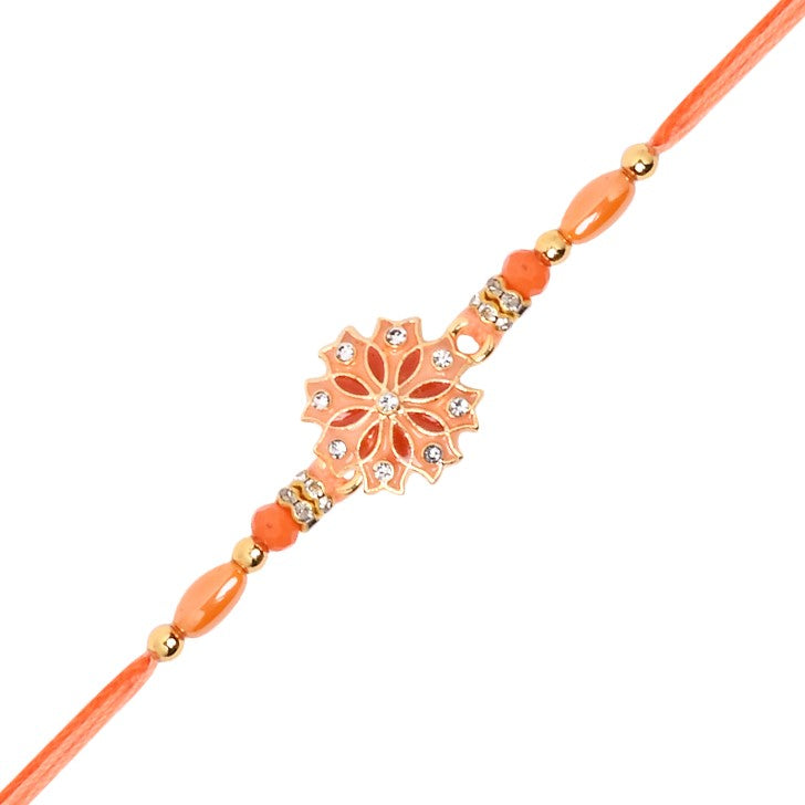 Elegant Orange Enamel Floral Rakhi with Roli Chawal & Rakshabandhan Card