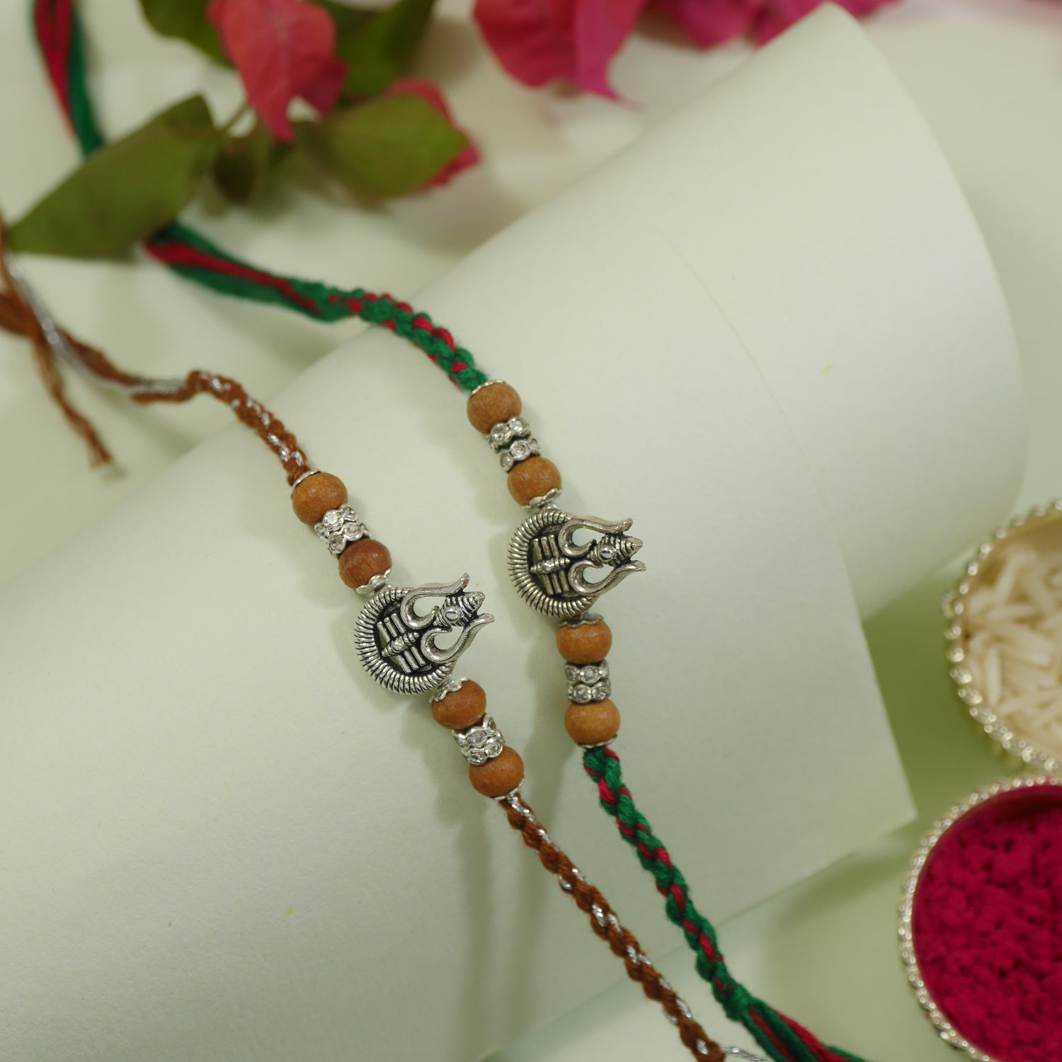 Silver Trishul Rakhi with Roli Chawal And Card