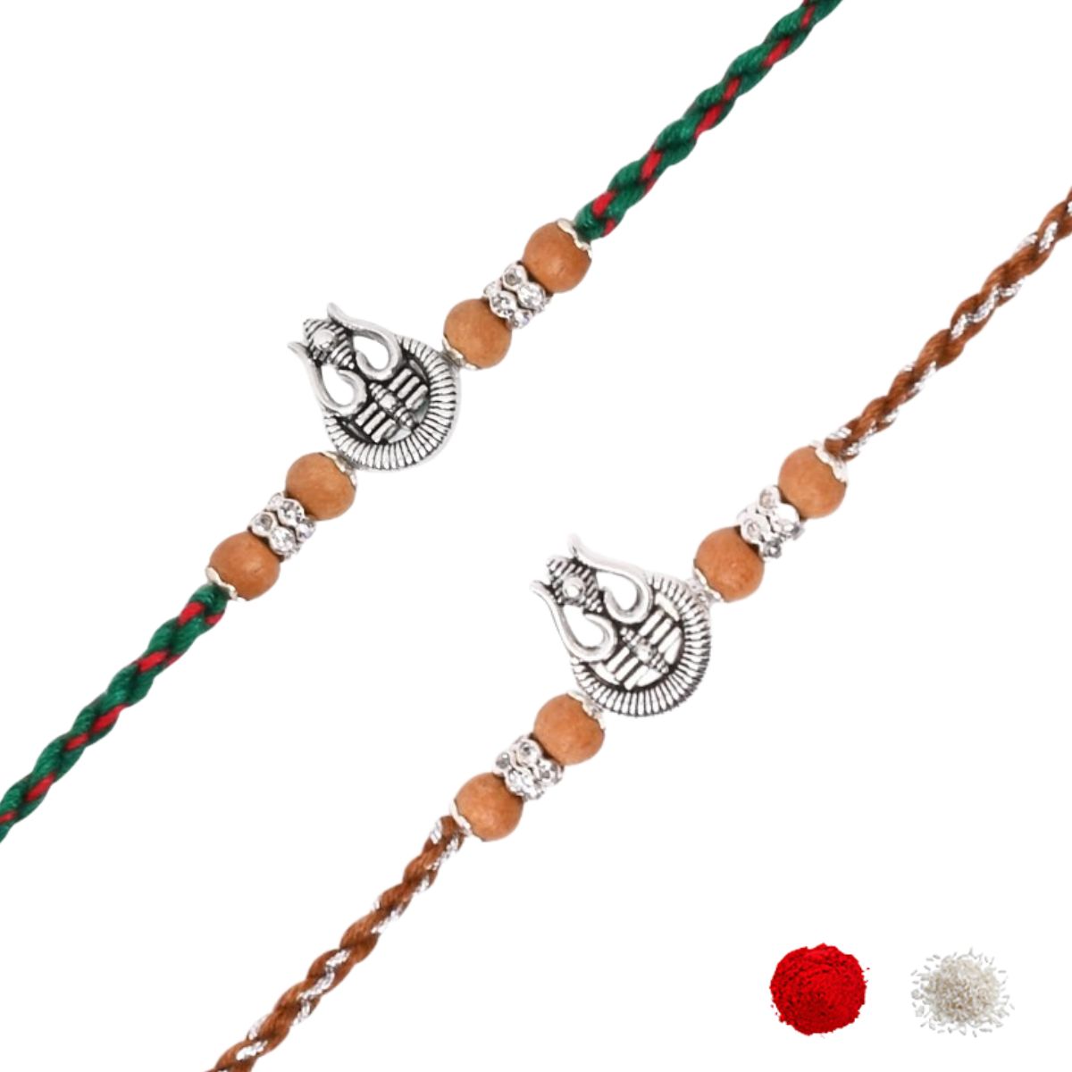Silver Trishul Rakhi Combo For Bhai - Pack of 2 with Roli Chawal And Card