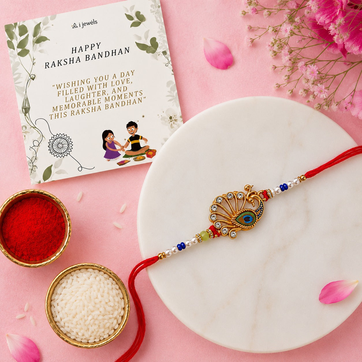 DELICATE PEARL BEADED RAKHI WITH ROLI CHAWAL & RAKSHABANDHAN CARD