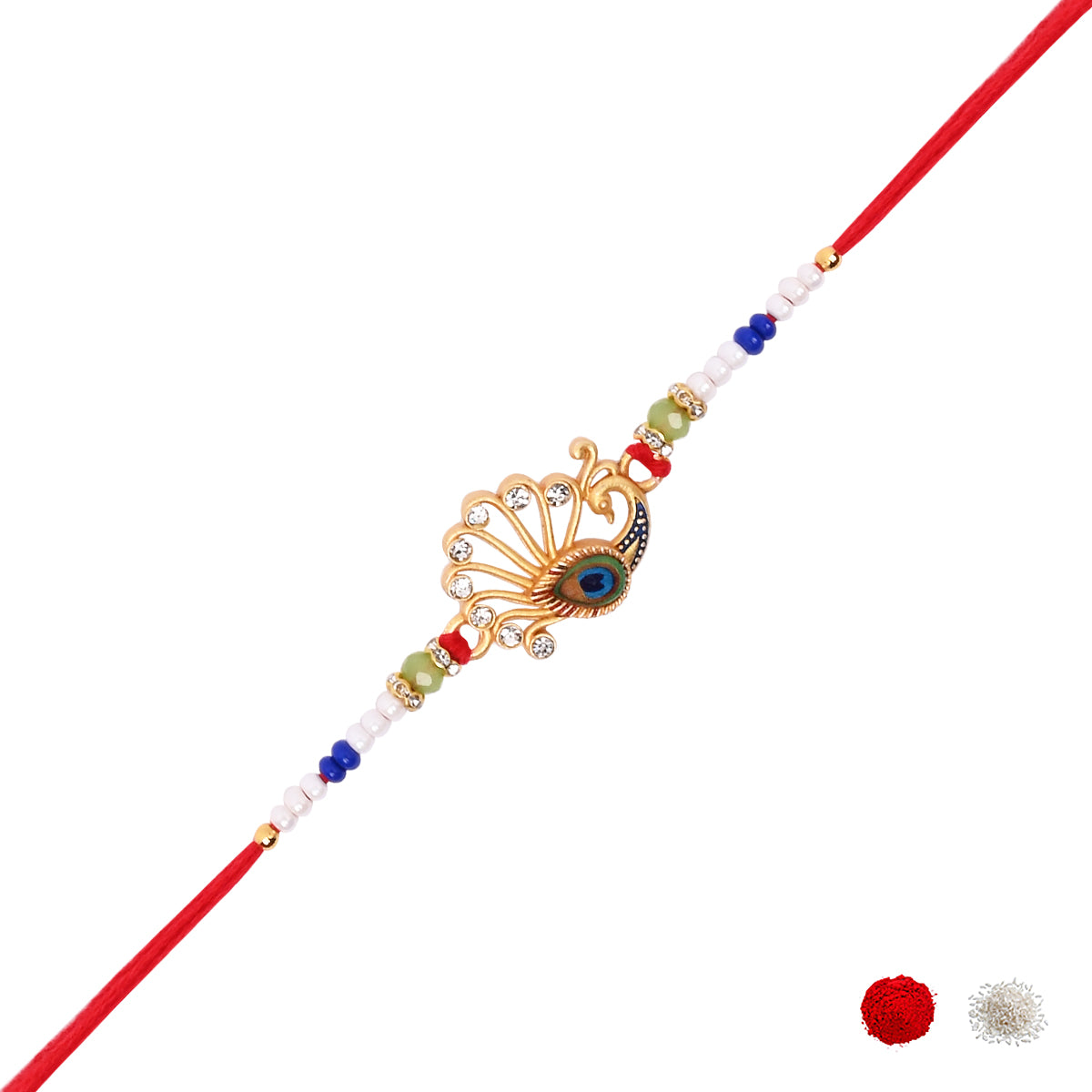DELICATE PEARL BEADED RAKHI WITH ROLI CHAWAL & RAKSHABANDHAN CARD