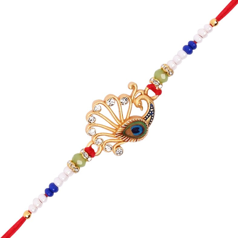 DELICATE PEARL BEADED RAKHI WITH ROLI CHAWAL & RAKSHABANDHAN CARD