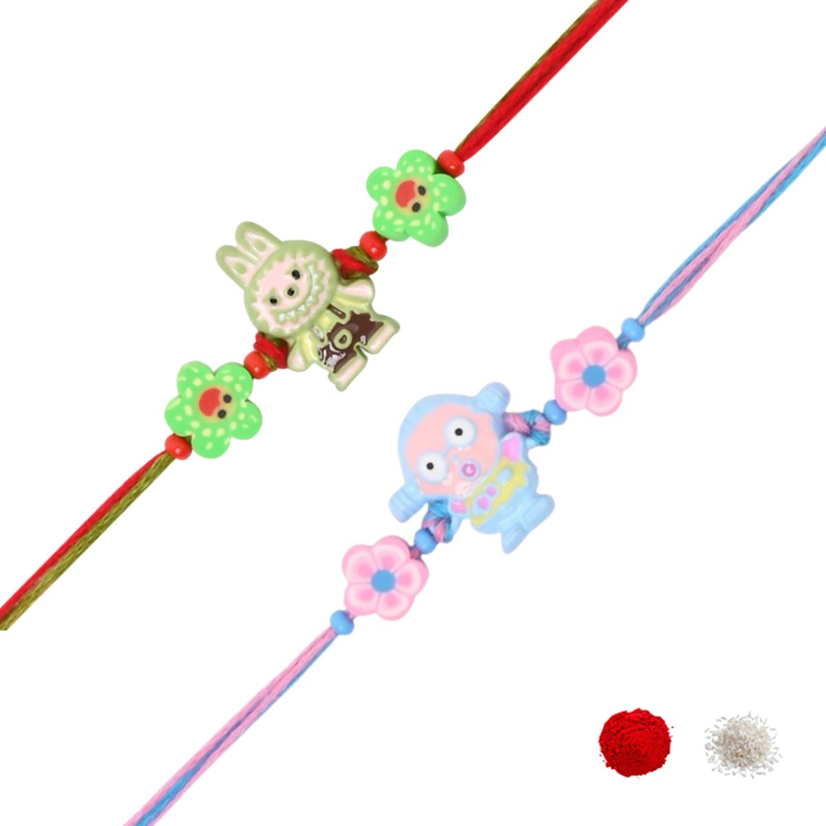 Cute Cartoon Rakhis for Kids with Roli Chawal & Rakshabhandan Card (Pack of 2)