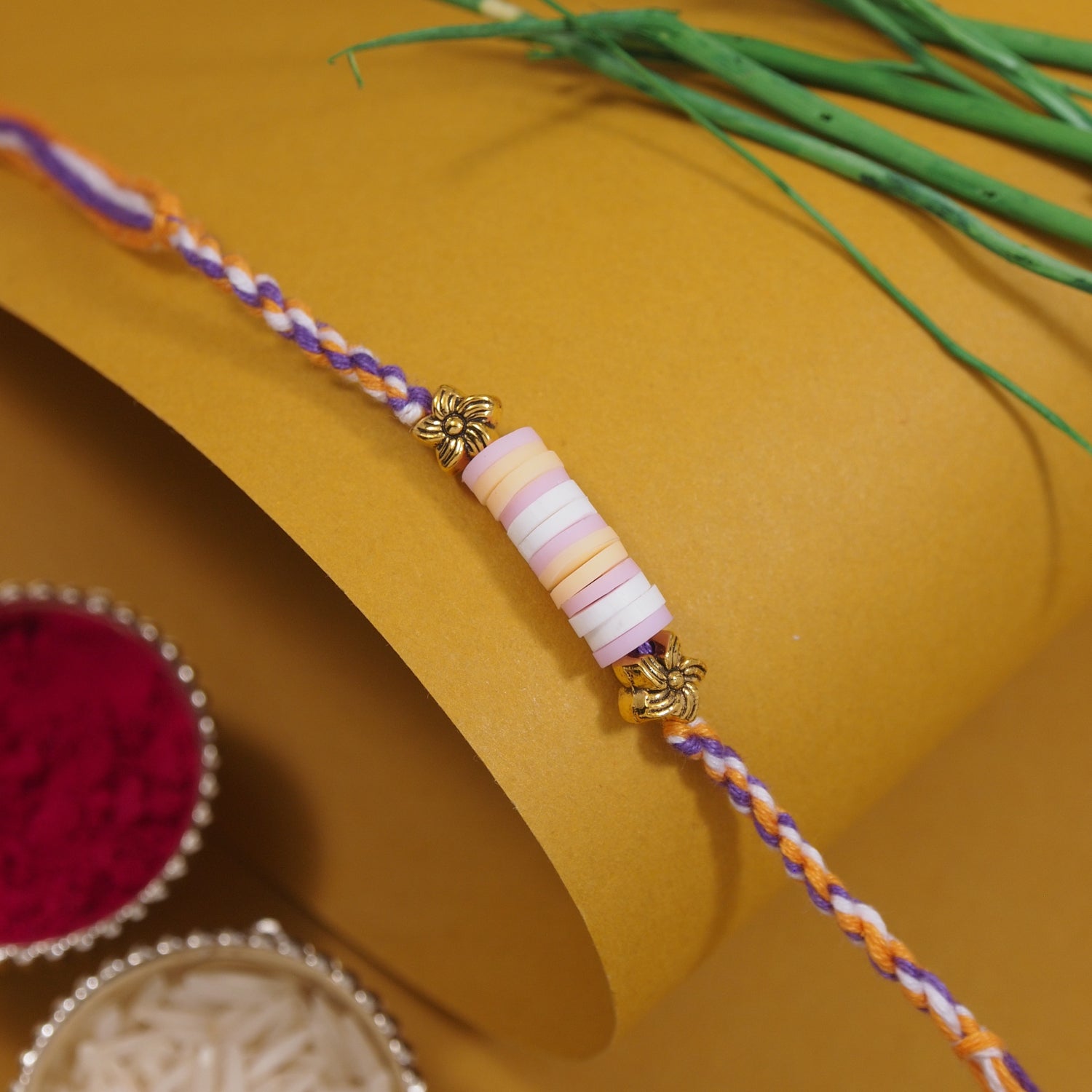 Pastel Heishi Beads Rakhi for Brother with Roli Chawal and Raksha Bandhan Card