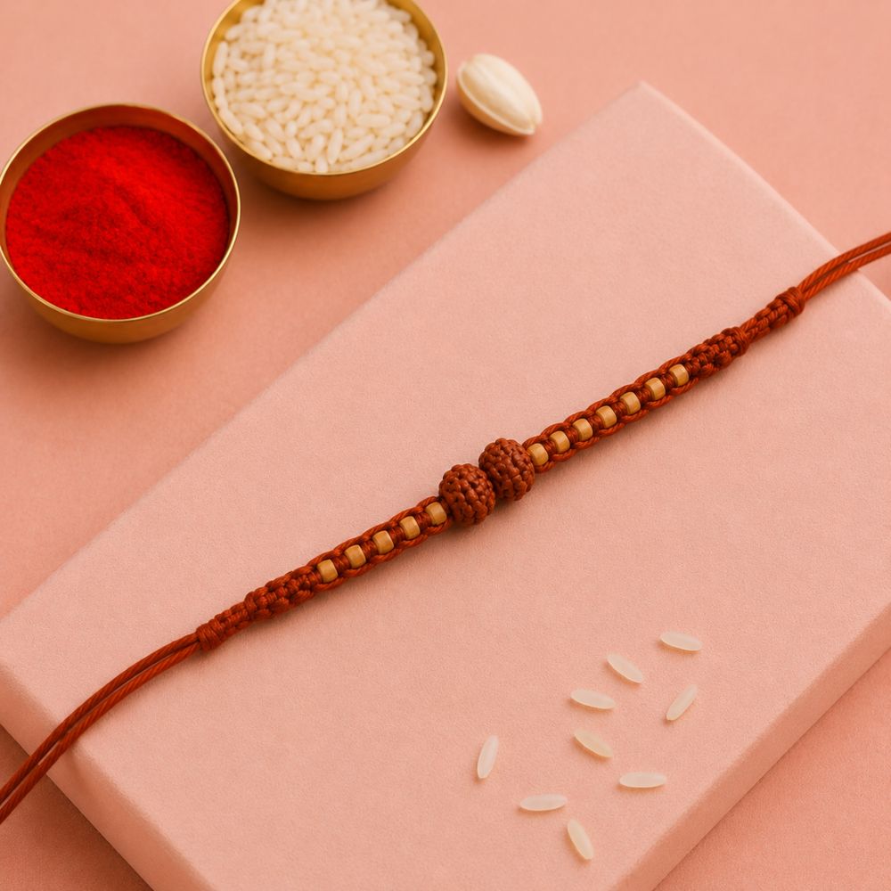 Rudraksh Beaded Rakhi With Roli Chawal & Rakshabandhan Card