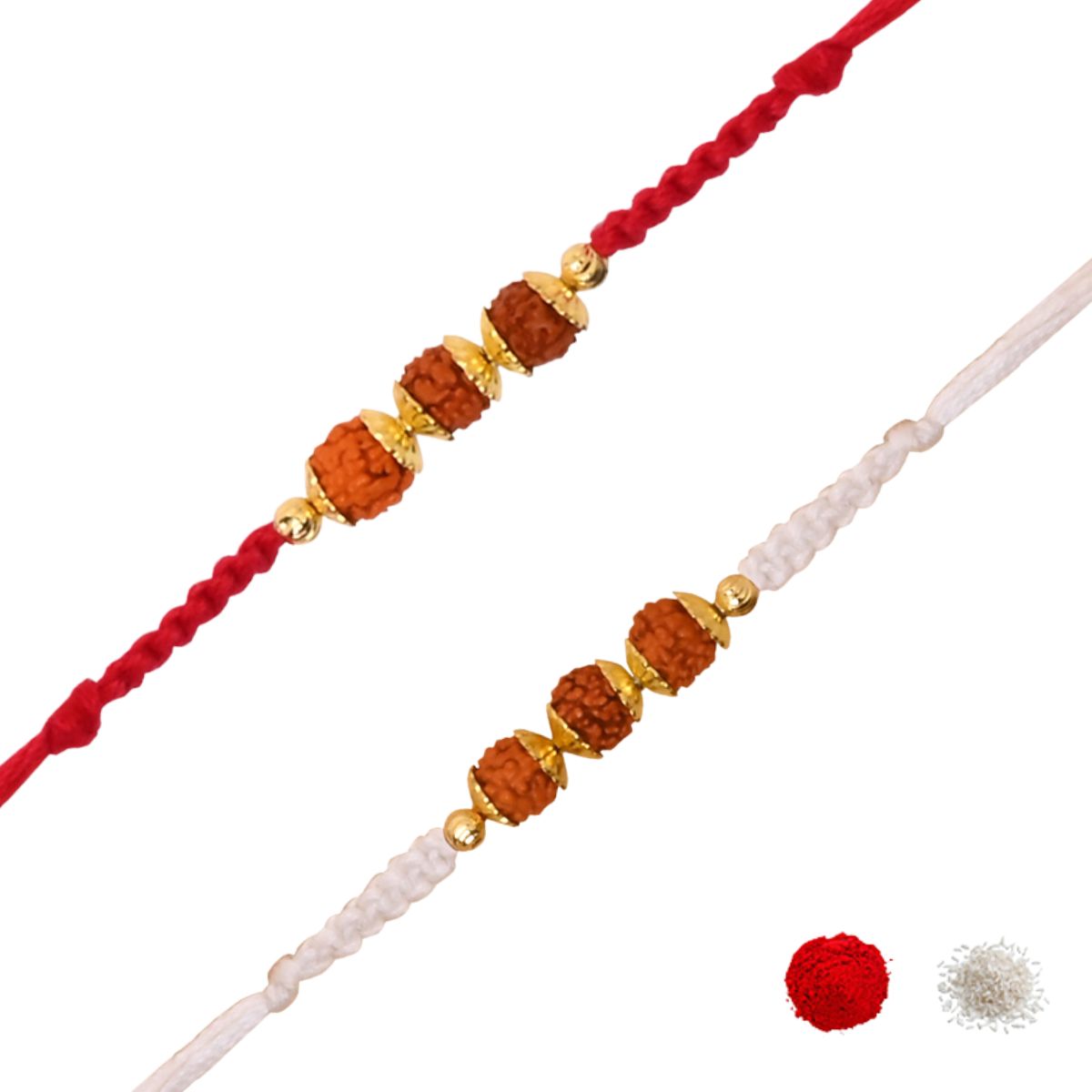 Red & White Rudraksh Rakhi Combo for Bhai - Traditional Beaded Thread with Card