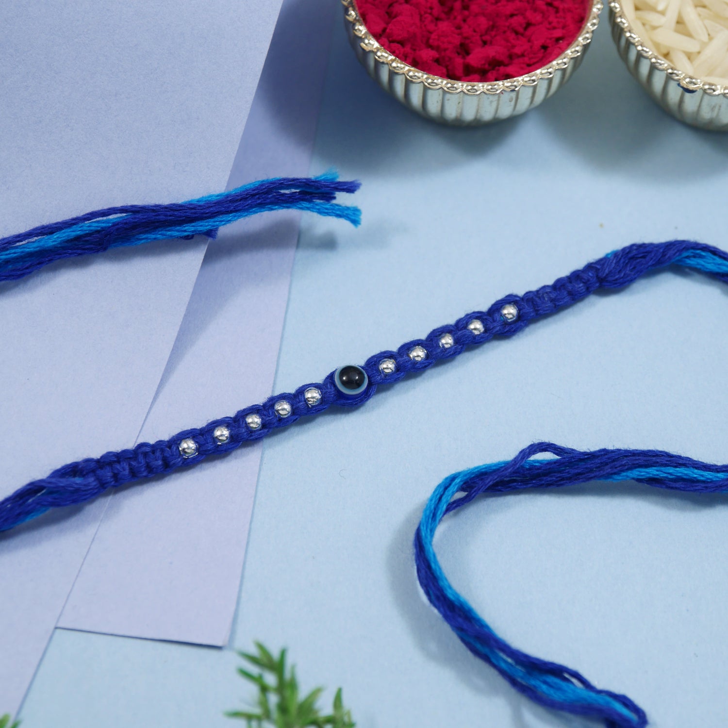 Evil Eye Thread Rakhi for Brother with Roli Chawal and Raksha Bandhan Card