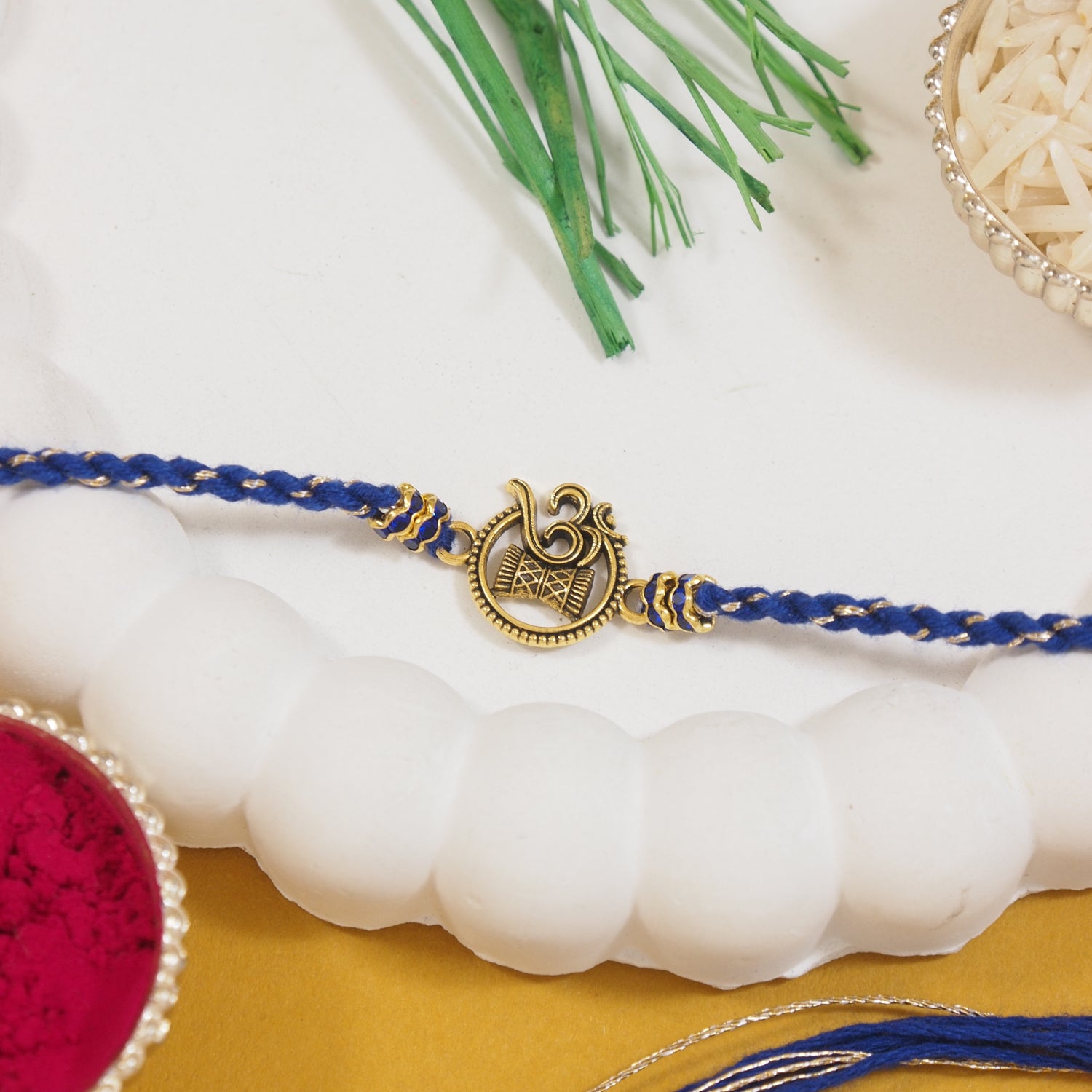 Om Damru Thread Rakhi with Roli Chawal and Raksha Bandhan Card