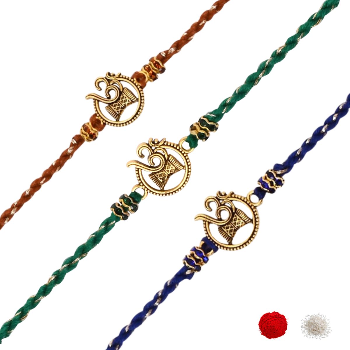 Traditional OM Rakhi with Roli Chawal & Rakshabandhan Card (Pack of 3)