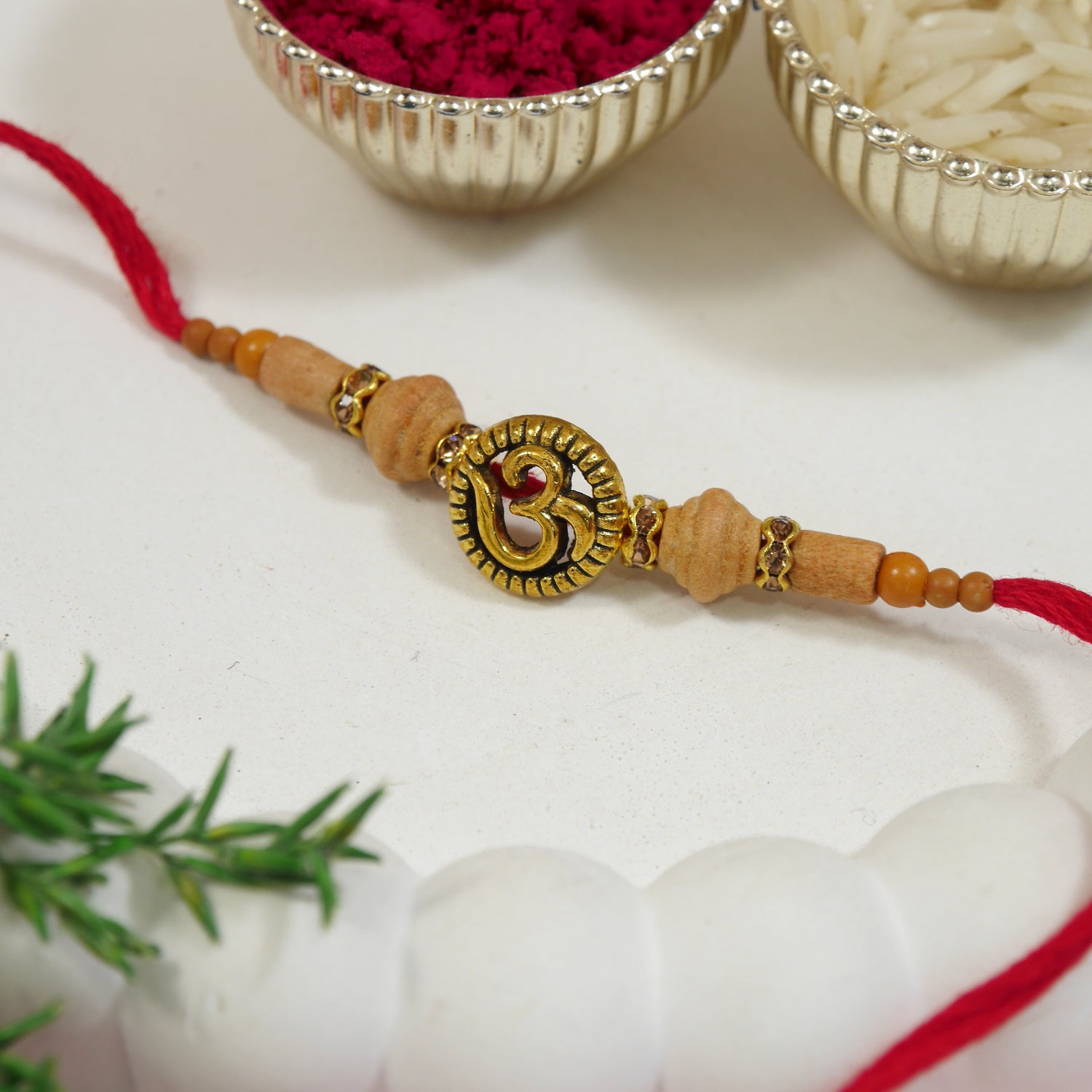 Om Wooden Bead Thread Rakhi with Roli Chawal and Raksha Bandhan Card