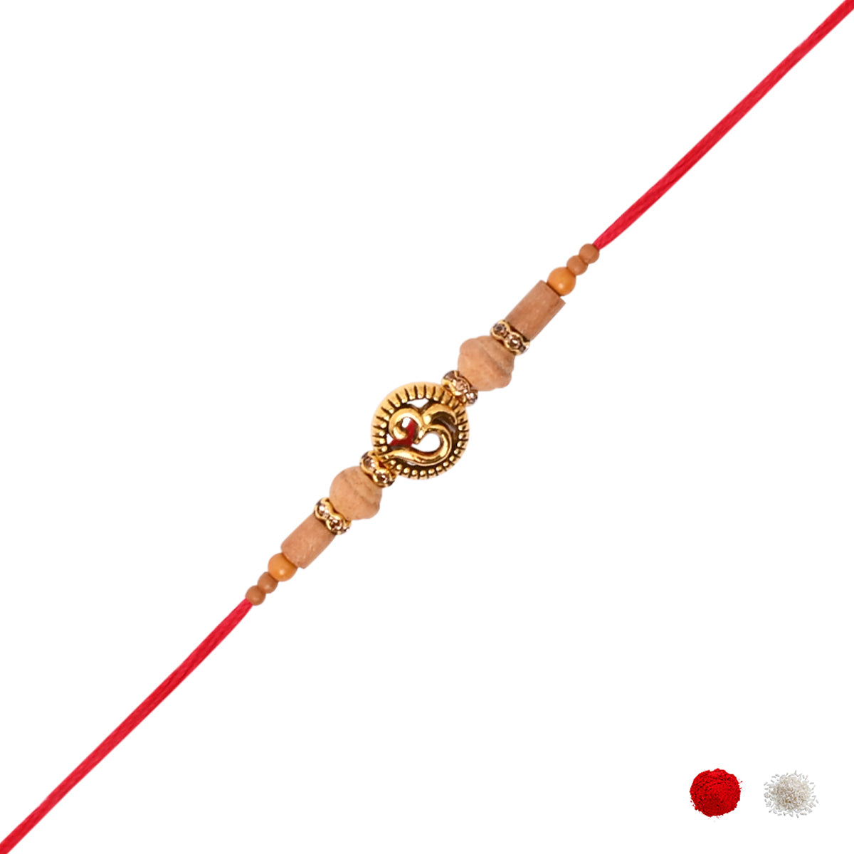 Om Wooden Bead Thread Rakhi with Roli Chawal and Raksha Bandhan Card