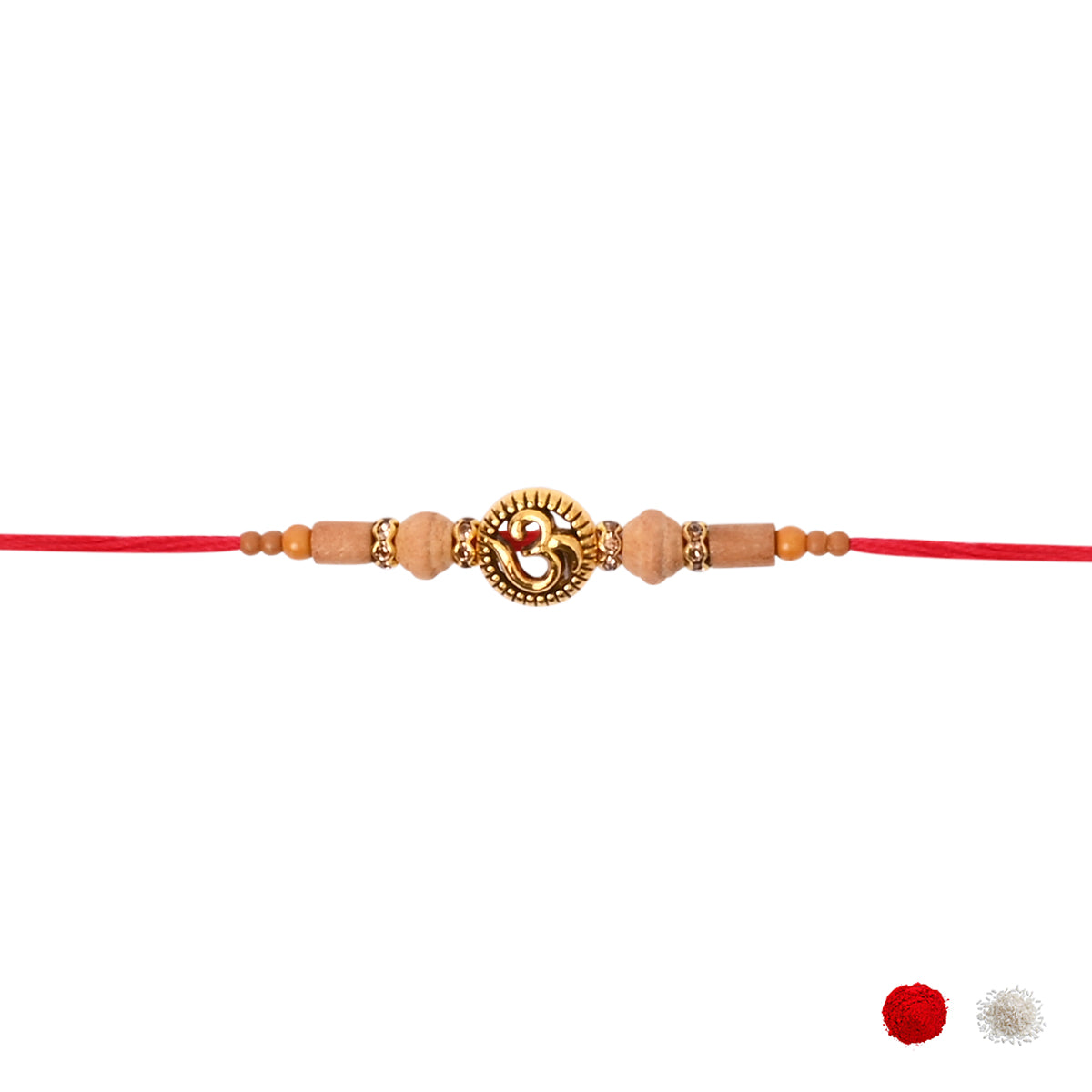 Om Wooden Bead Thread Rakhi with Roli Chawal and Raksha Bandhan Card