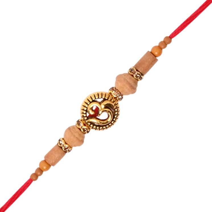 Om Wooden Bead Thread Rakhi with Roli Chawal and Raksha Bandhan Card