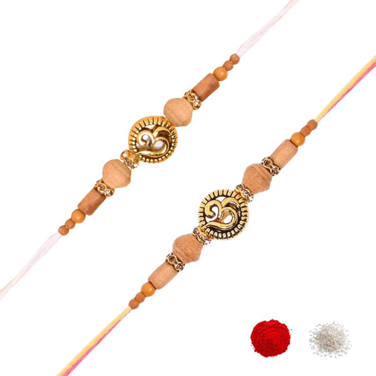 Antique OM Rakhi Combo For Bhai - Pack of 2 with Roli Chawal