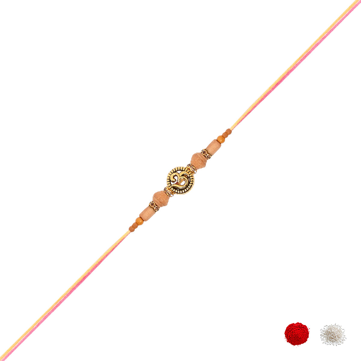 Om pearl Wooden Bead Thread Rakhi with Roli Chawal and Raksha Bandhan Card
