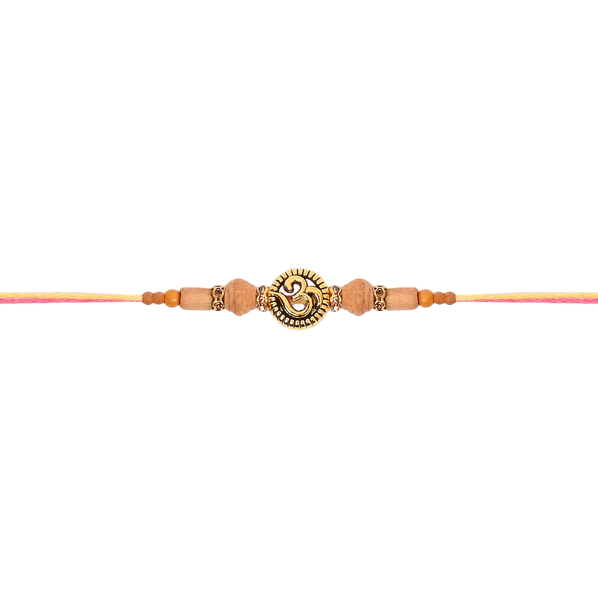 Om pearl Wooden Bead Thread Rakhi with Roli Chawal and Raksha Bandhan Card