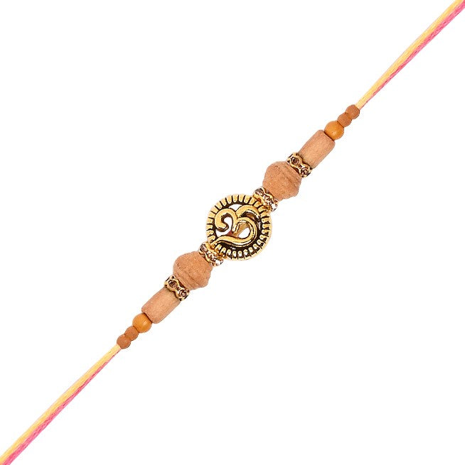 Om pearl Wooden Bead Thread Rakhi with Roli Chawal and Raksha Bandhan Card