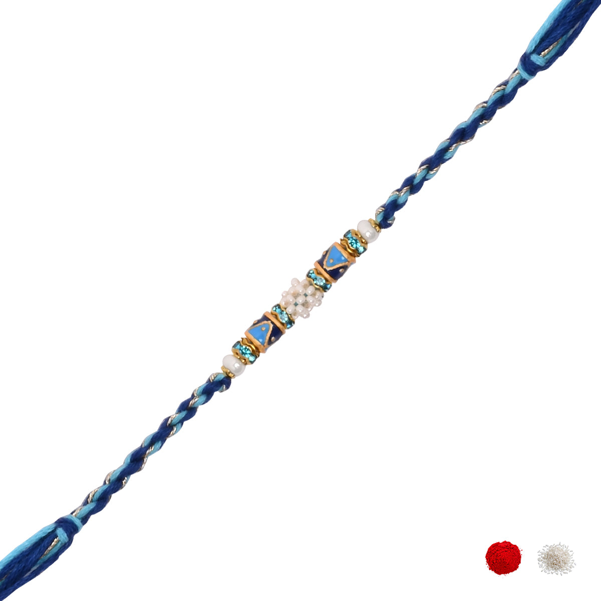 Pearl Beaded Blue Rakhi With Roli Chawal & Rakshabandhan Card