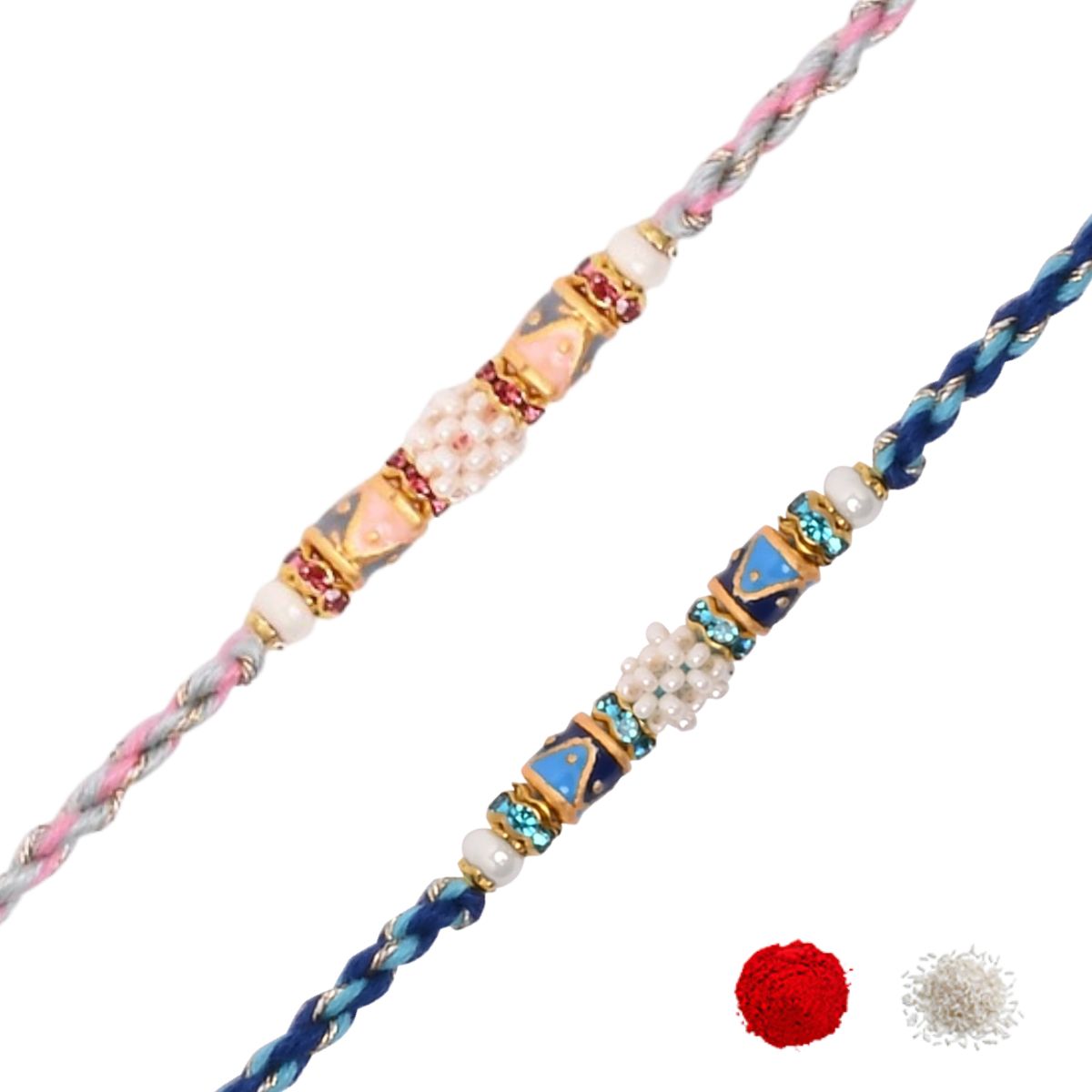 Enamel Beaded Rakhi Combo For Bhai - Pack of 2 with roli chawal and card