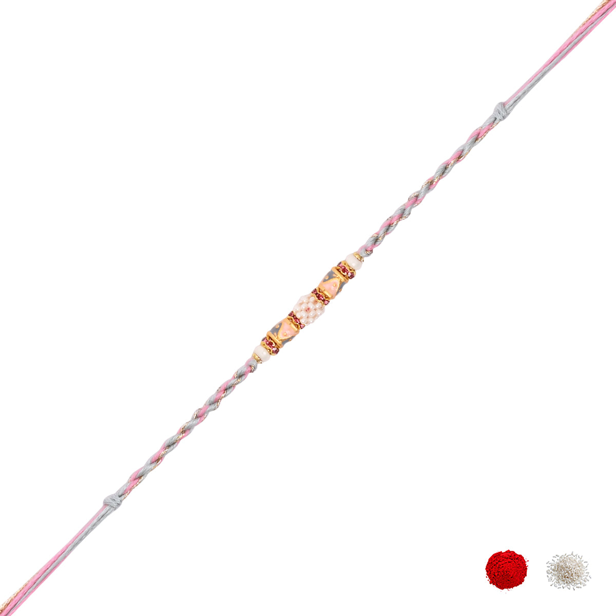 Pearl Beaded Pink Rakhi With Roli Chawal & Rakshabandhan Card