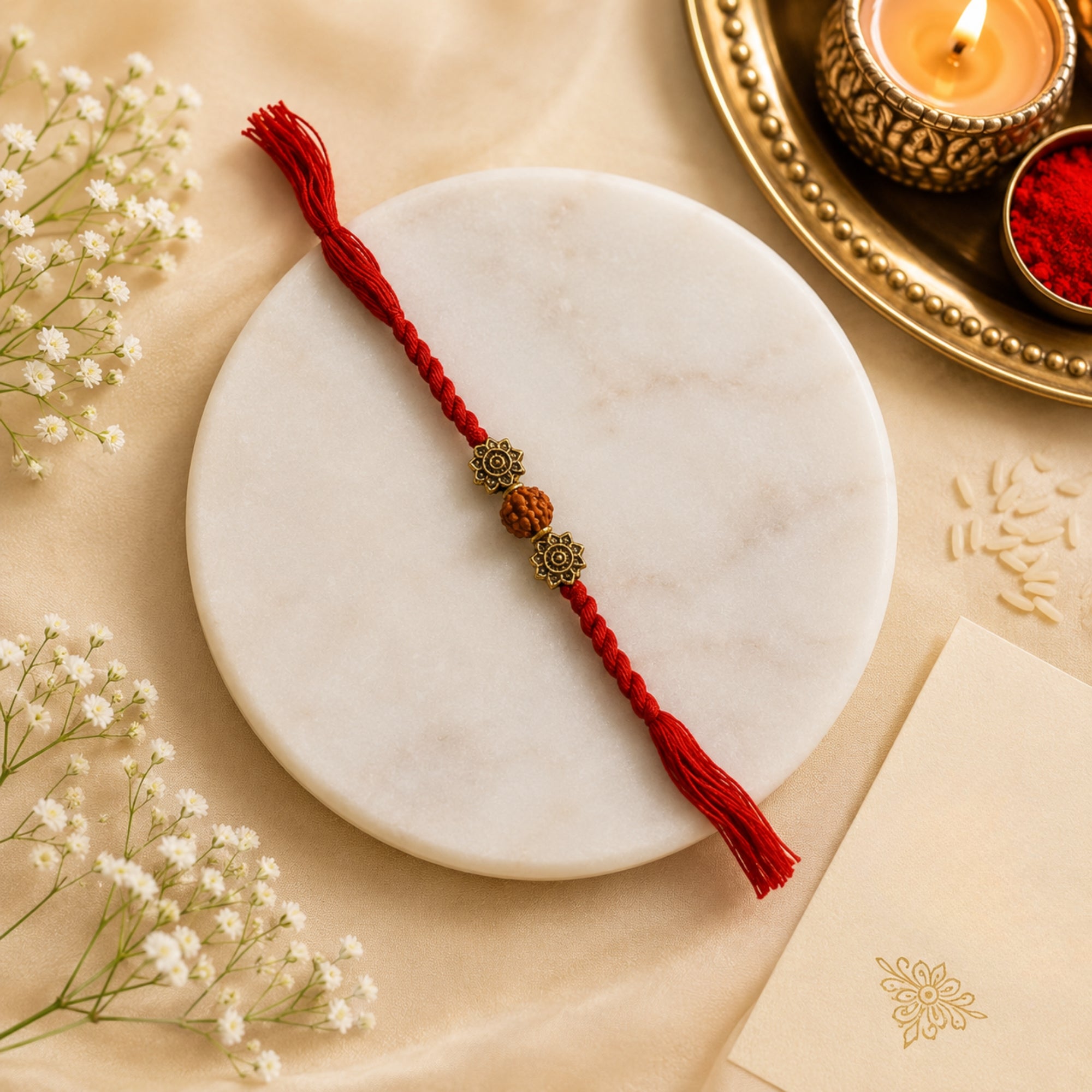 Rudraksha Pearl Rakhi with Roli Chawal and Raksha Bandhan Card