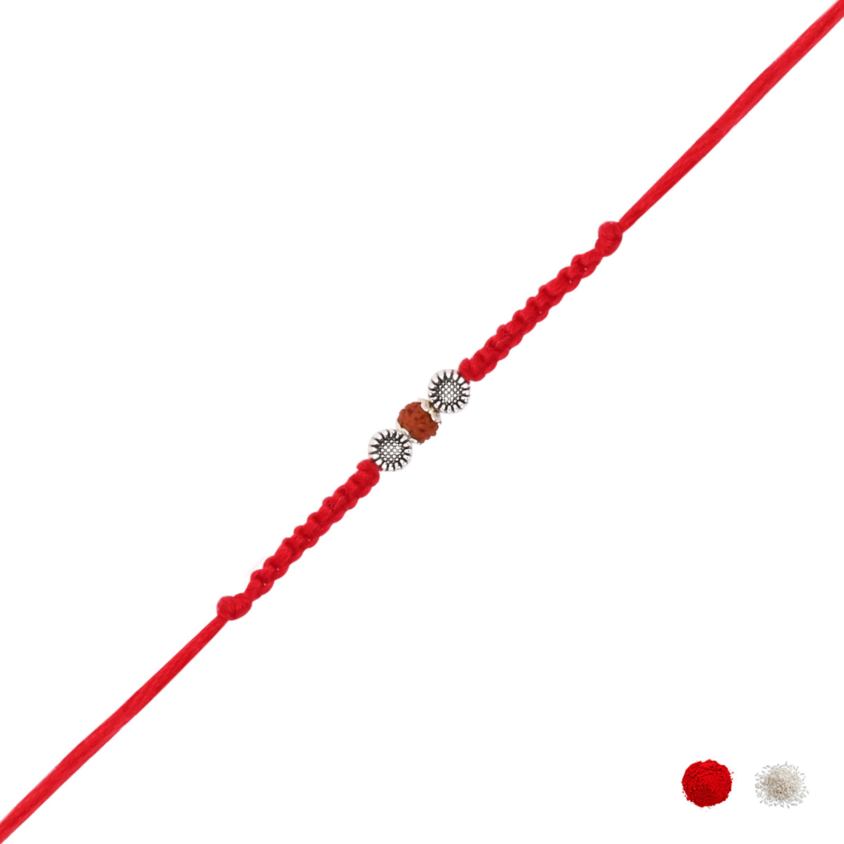 Rudraksh Red Beaded Rakhi With Roli Chawal & Rakshabandhan Card
