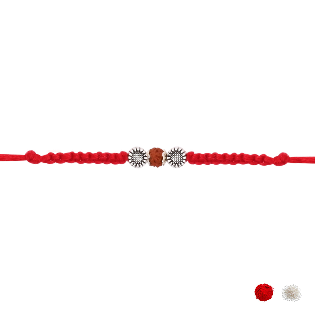 Rudraksh Red Beaded Rakhi With Roli Chawal & Rakshabandhan Card