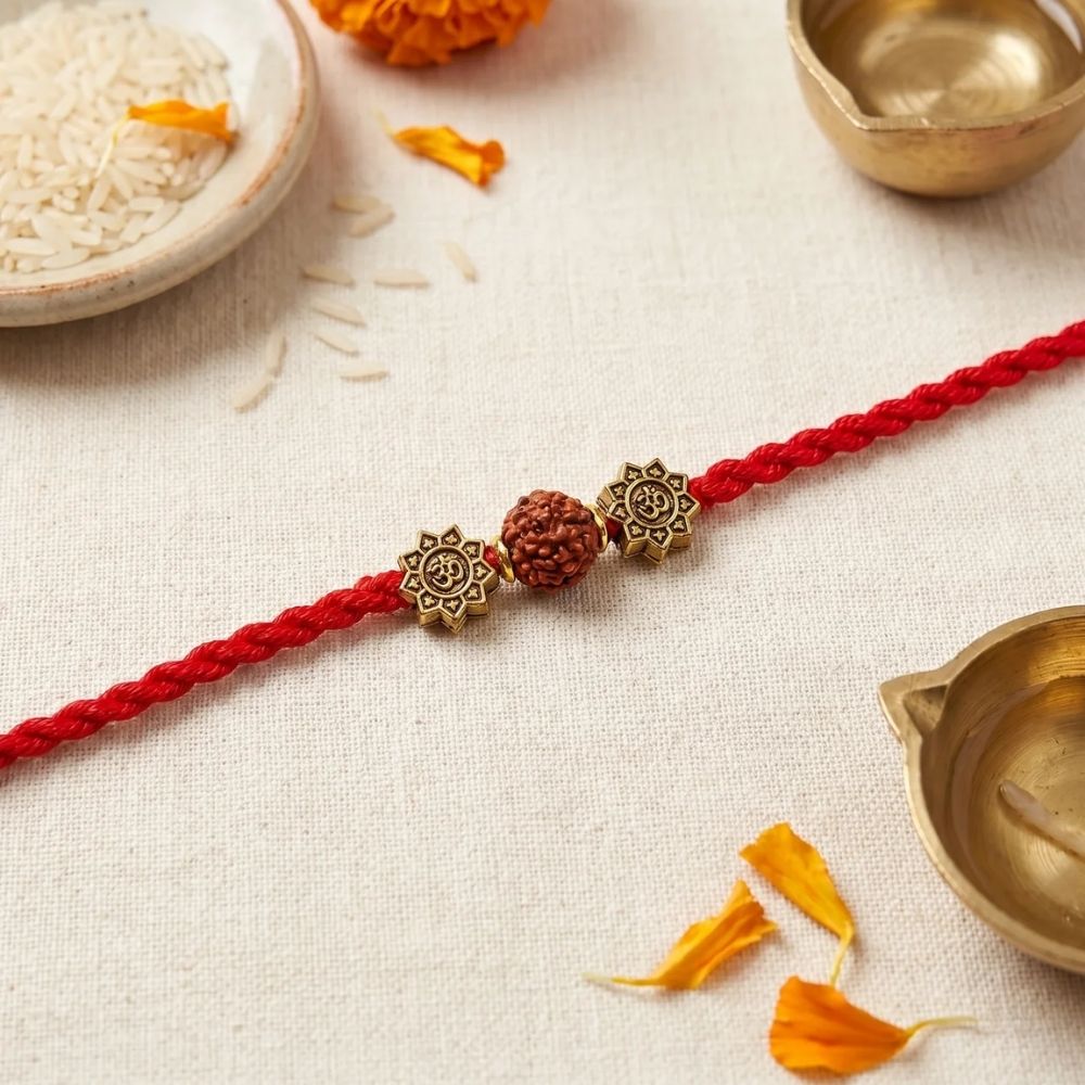 Rudraksh Red Beaded Rakhi With Roli Chawal & Rakshabandhan Card