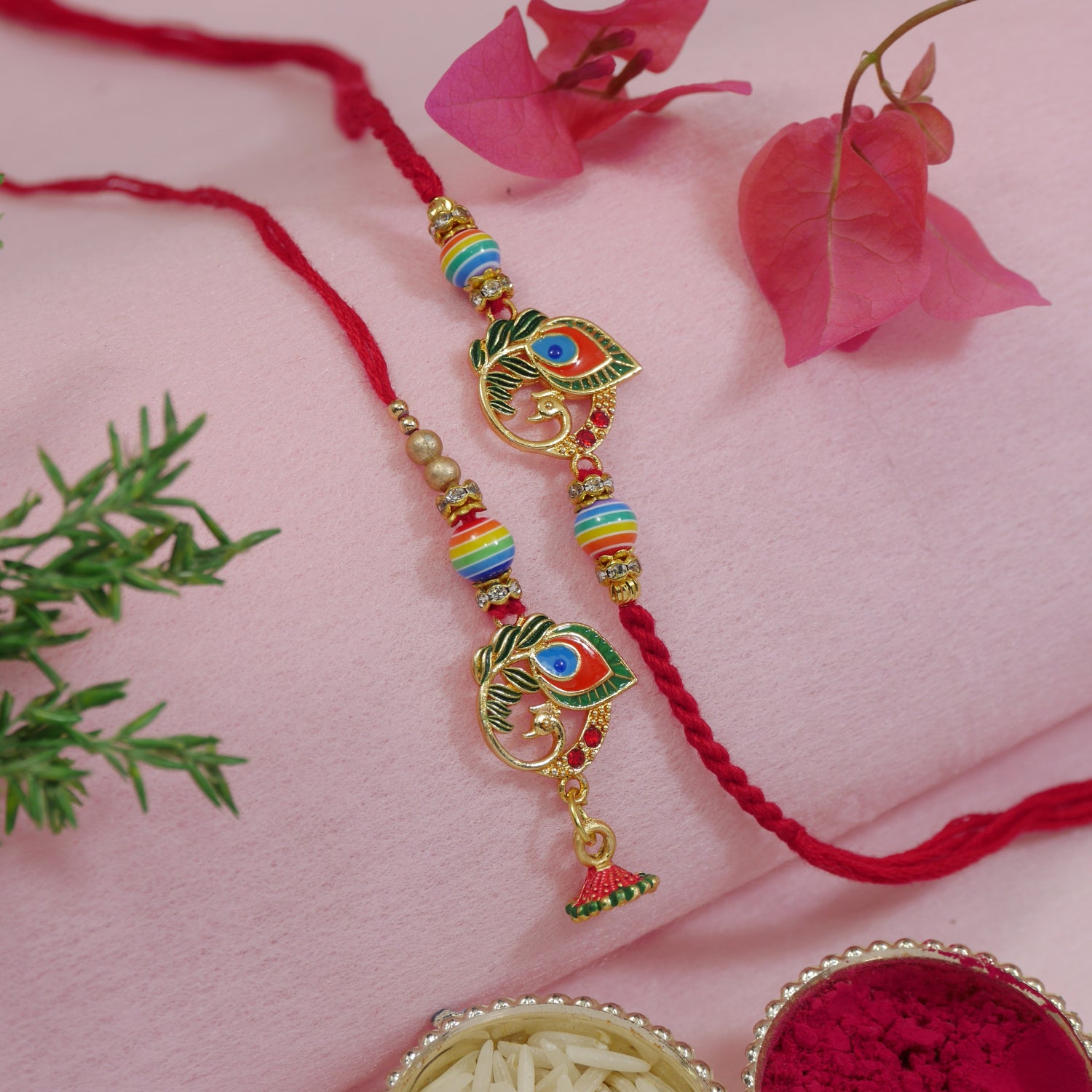 Peacock Feather Bhaiya Bhabhi Rakhi with Roli Chawal & Rakshabandhan Card