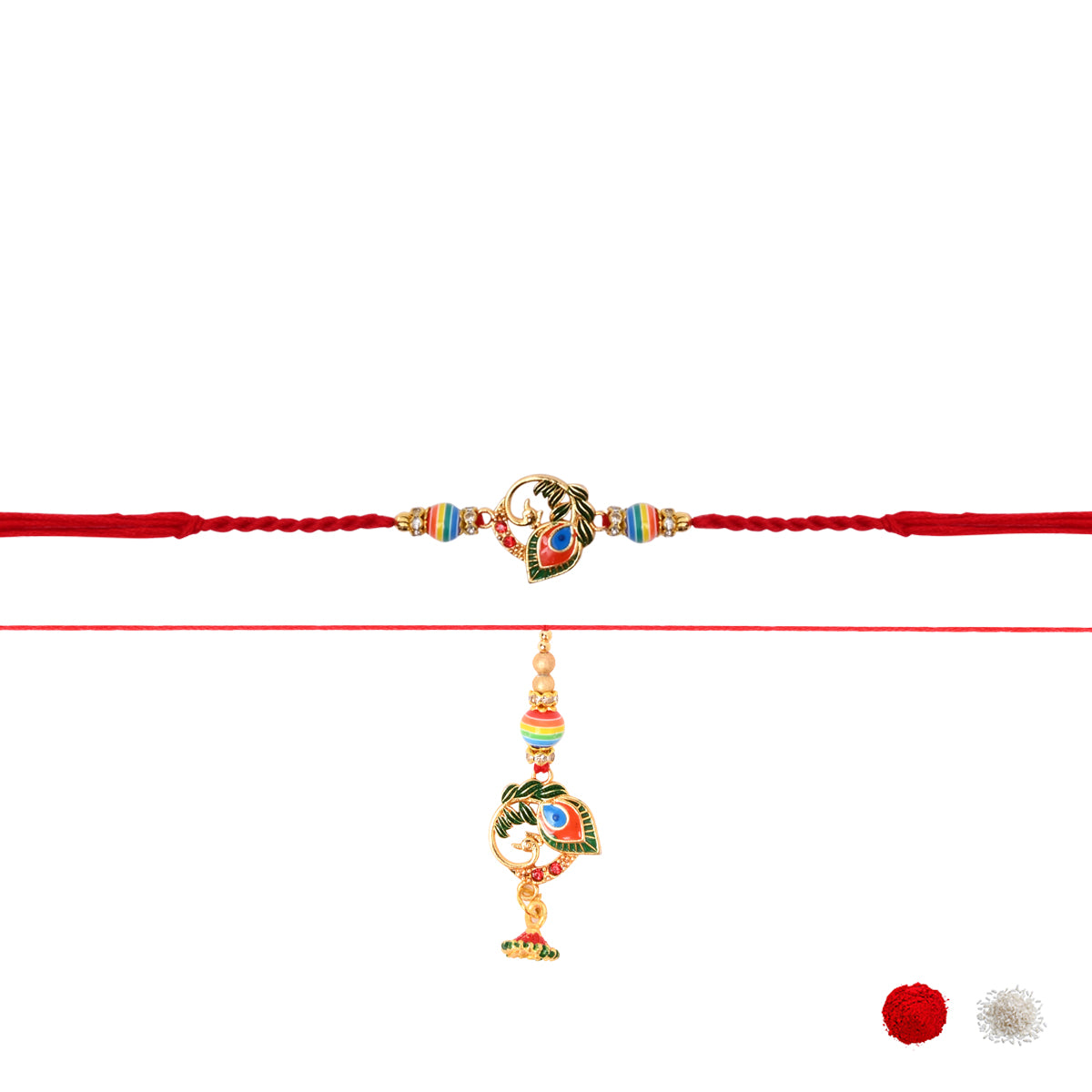 Peacock Feather Bhaiya Bhabhi Rakhi with Roli Chawal & Rakshabandhan Card