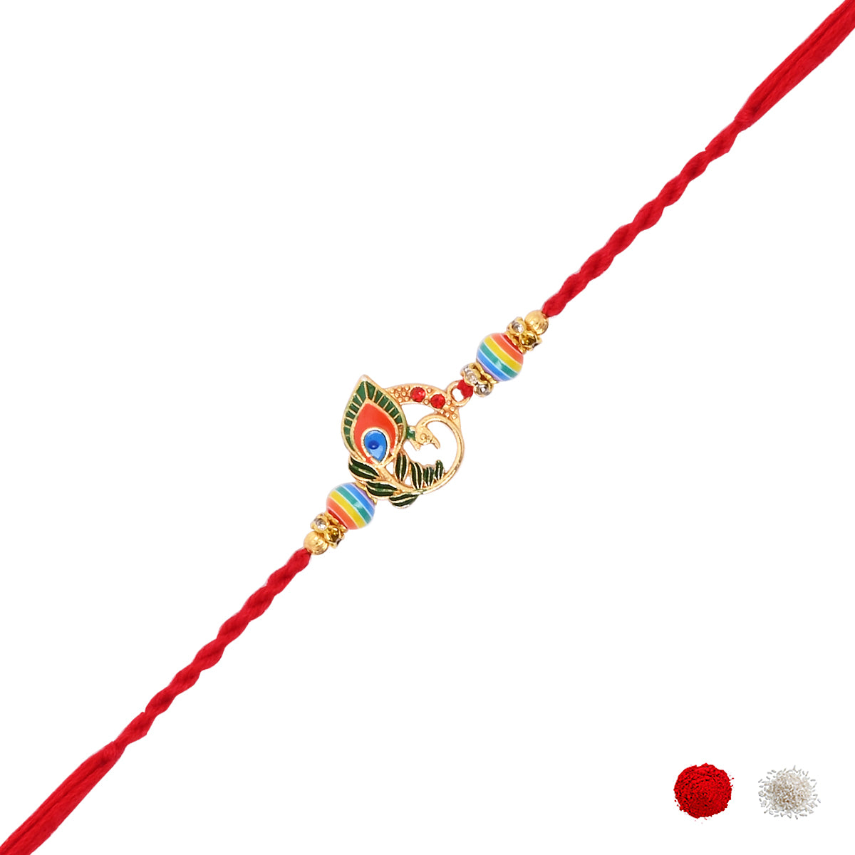 Peacock Feather Rainbow Rakhi with Roli Chawal and Raksha Bandhan Card