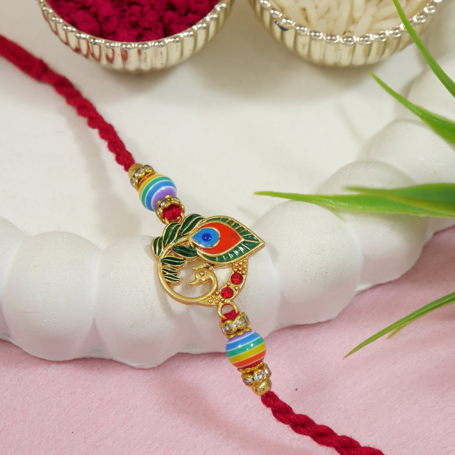 Peacock Feather Bhaiya Bhabhi Rakhi with Roli Chawal & Rakshabandhan Card