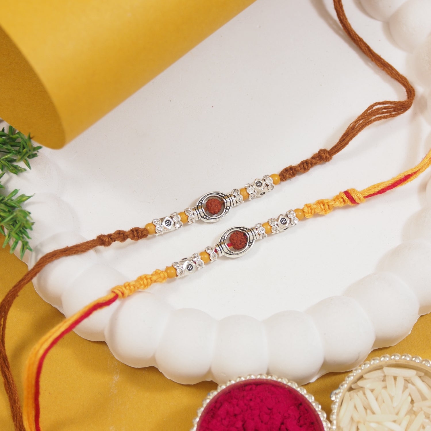 Brown & Yellow Rudraksh Rakhi Combo for Bhai with roli chawal and card