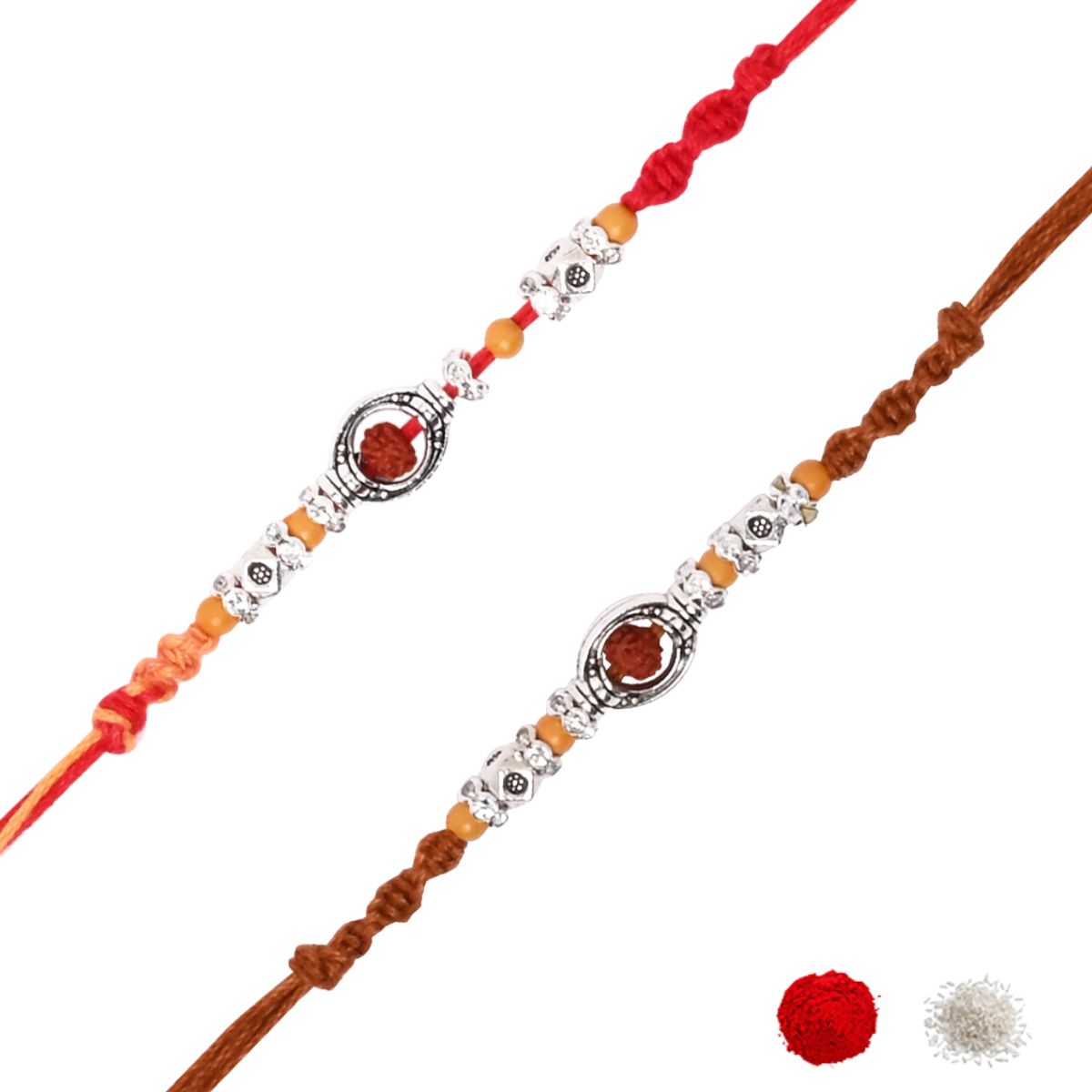 Brown & Yellow Rudraksh Rakhi Combo for Bhai - Pack of 2 with roli chawal and card