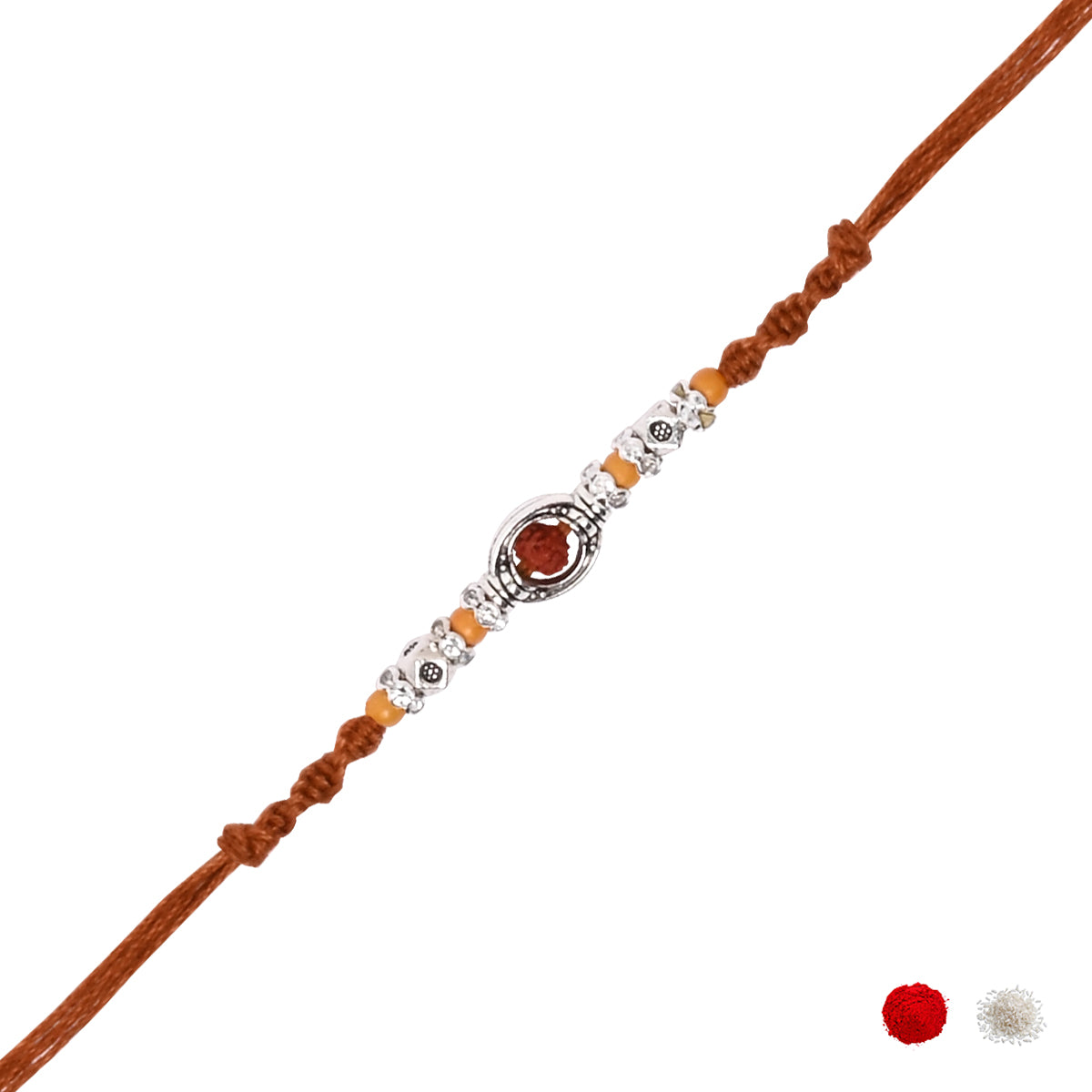 Antique Silver Beads Rudraksha Rakhi with Roli Chawal and Raksha Bandhan Card
