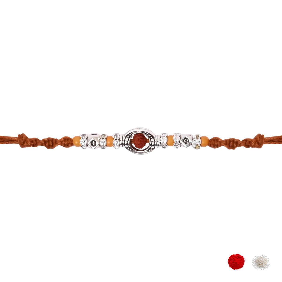 Antique Silver Beads Rudraksha Rakhi with Roli Chawal and Raksha Bandhan Card