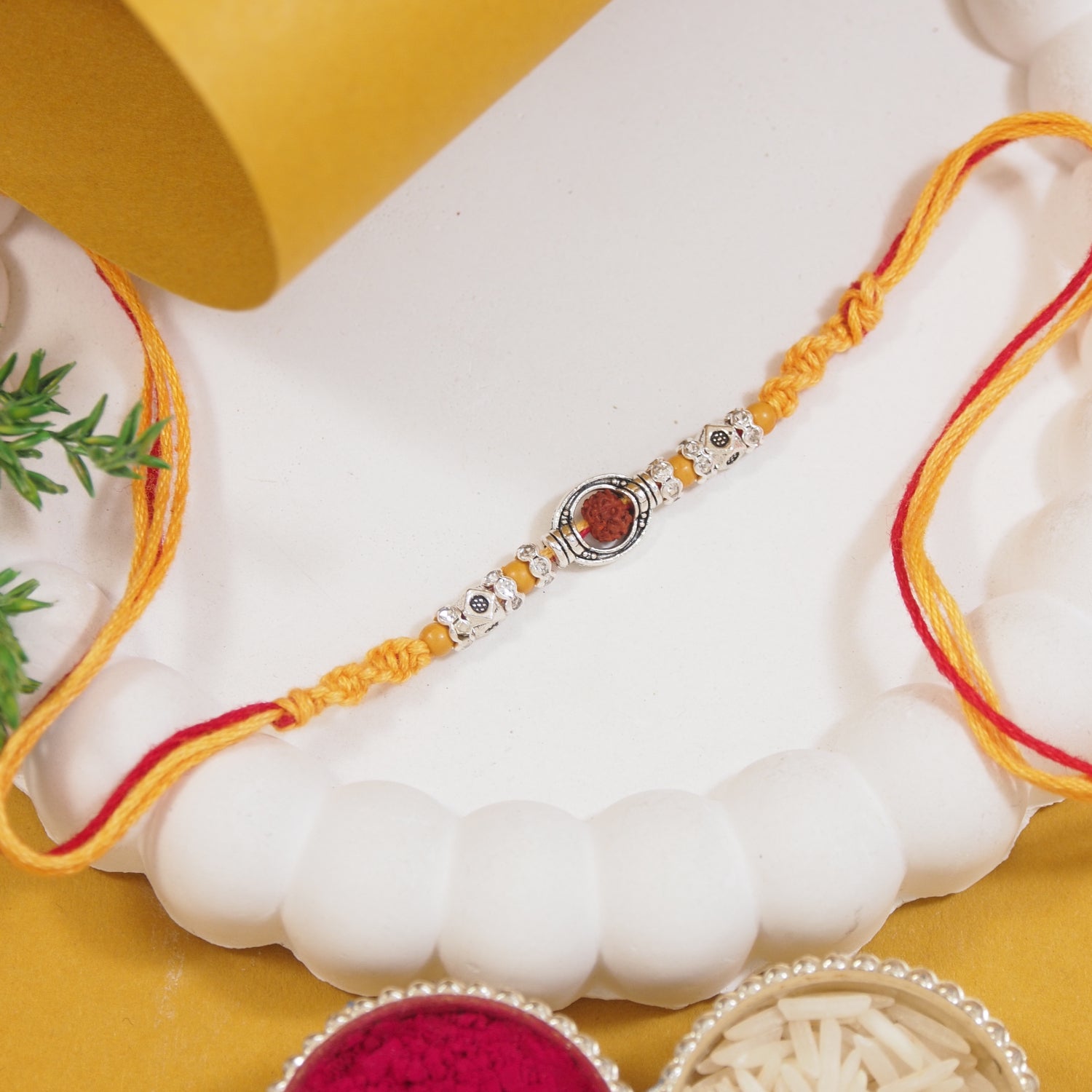 Brown & Yellow Rudraksh Rakhi Combo for Bhai - Pack of 2 with roli chawal and card