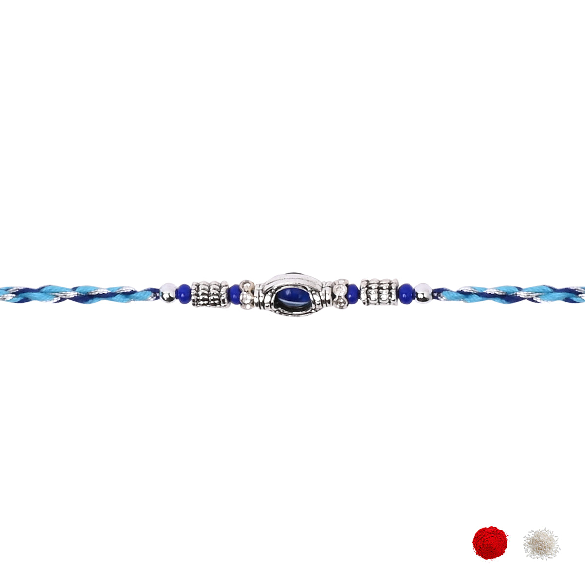 Blue Stone Thread Rakhi with Roli Chawal & RakshaBandhan Card