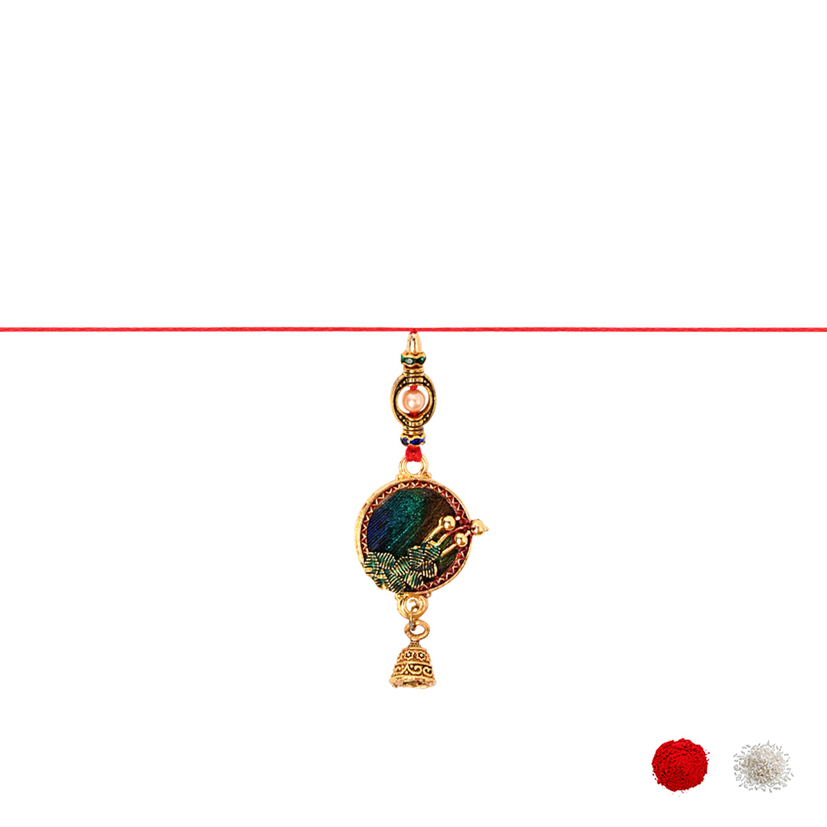 Peacock Feather Bhaiya Bhabhi Rakhi with Roli Chawal & Rakshabandhan Card