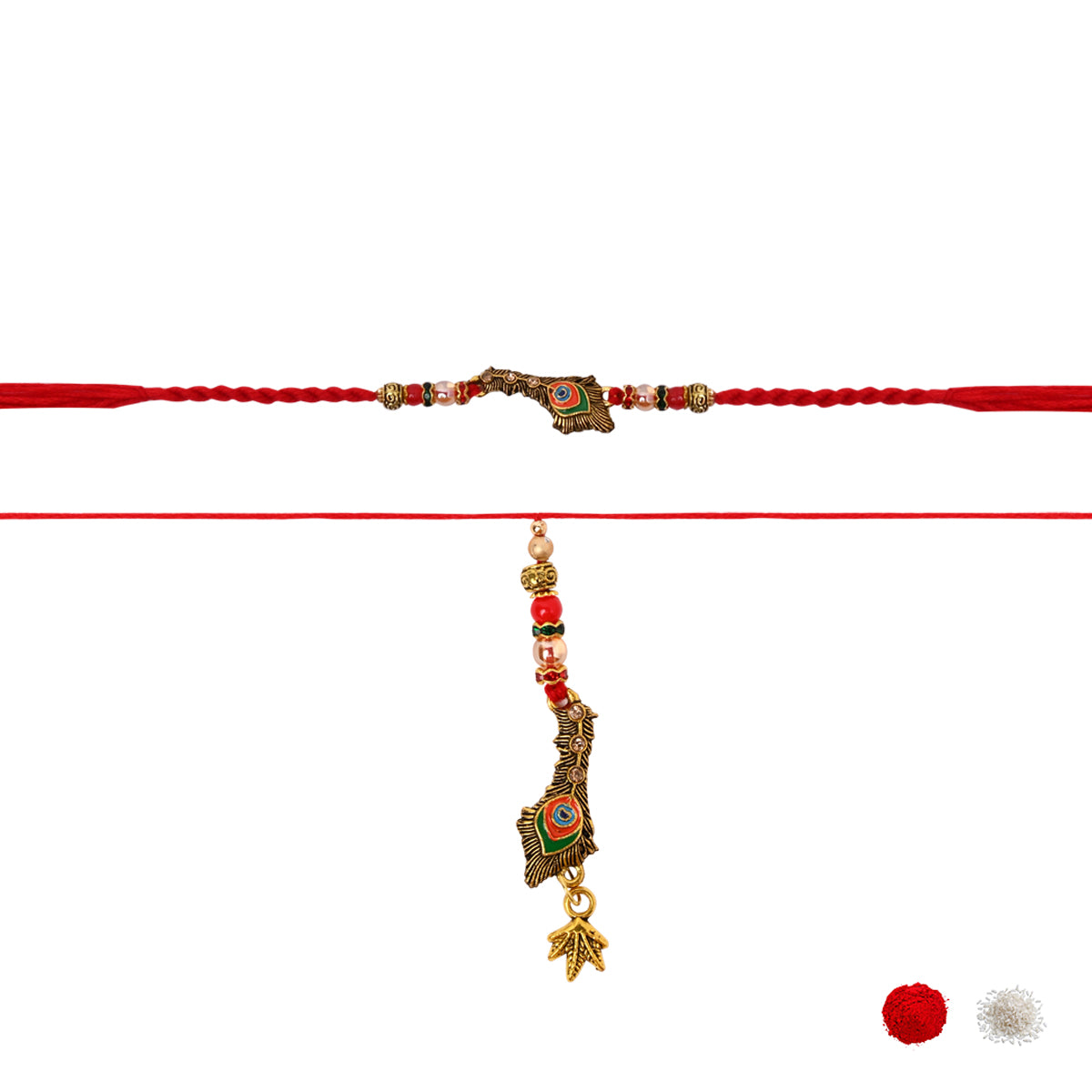 Peacock Shaped Bhaiya Bhabhi Rakhi with Roli Chawal & Rakshabandhan Card