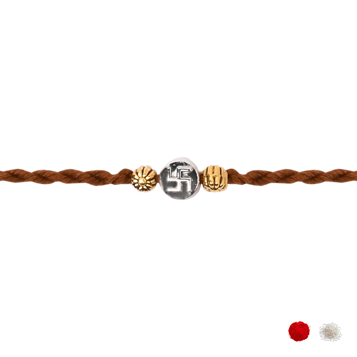 Swastik Brown Thread Rakhi with Roli Chawal & Raksha Bandhan Card