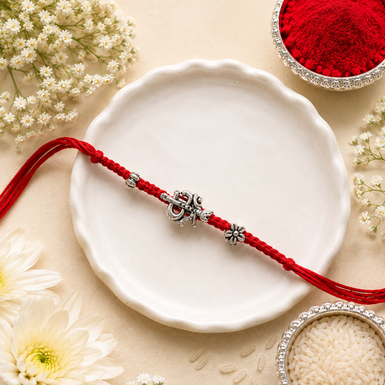 Traditional Om Damru Rakhi with Roli Chawal & Rakshabhandan Card
