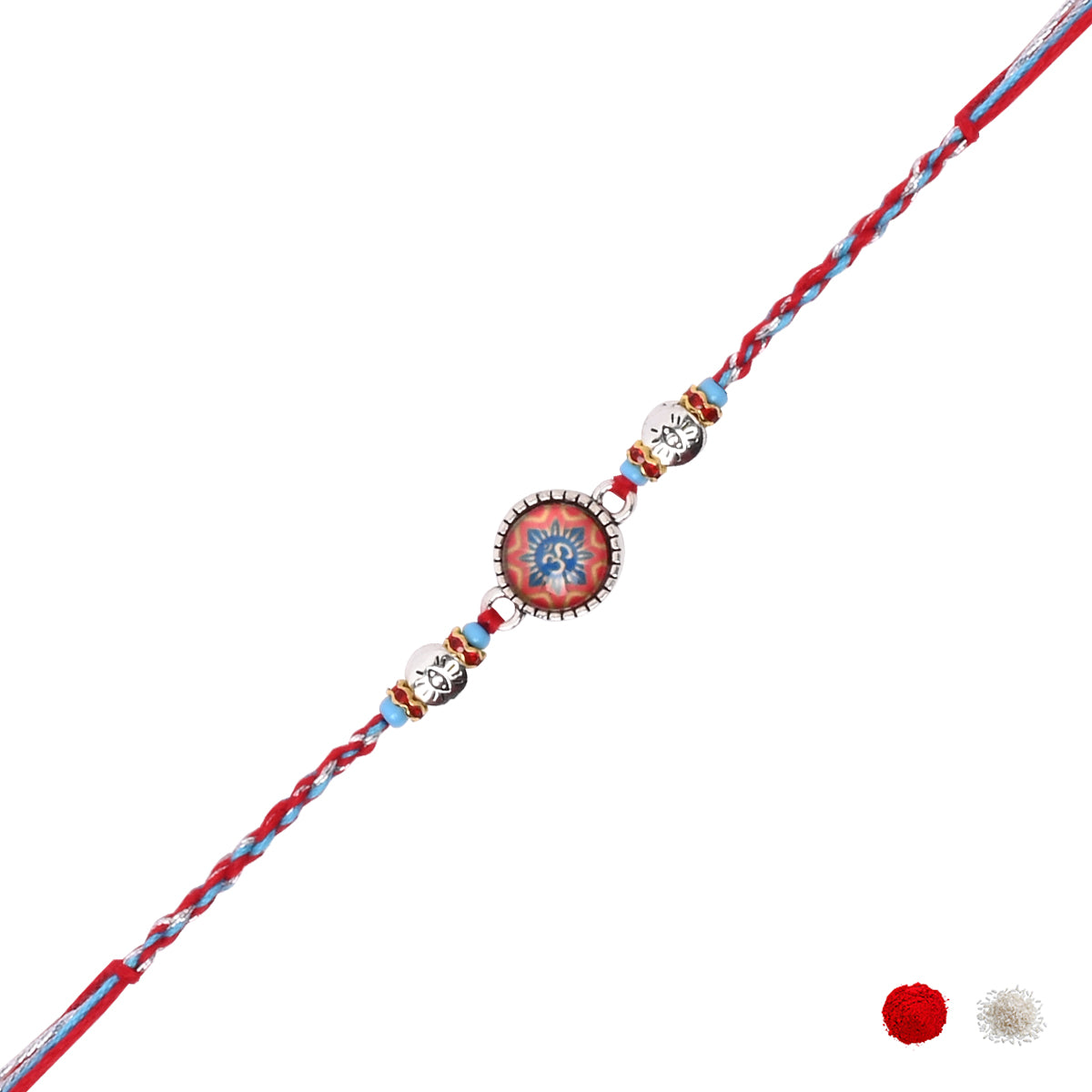 Enamel Silver Om Rakhi for Bhai - Elegant Design with Multicolour Thread