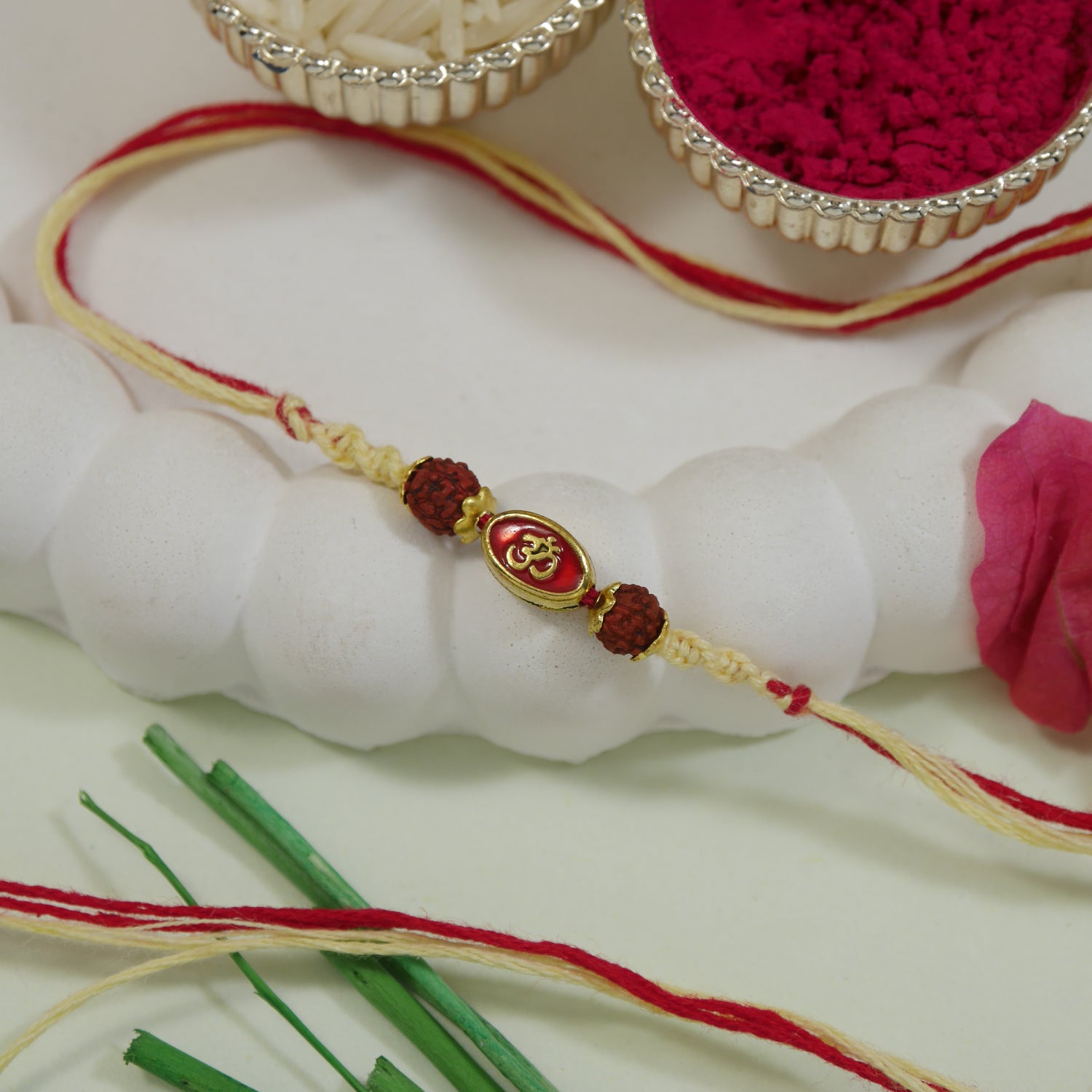 Om Enamel Red Rakhi with Roli Chawal & Raksha Bandhan Card