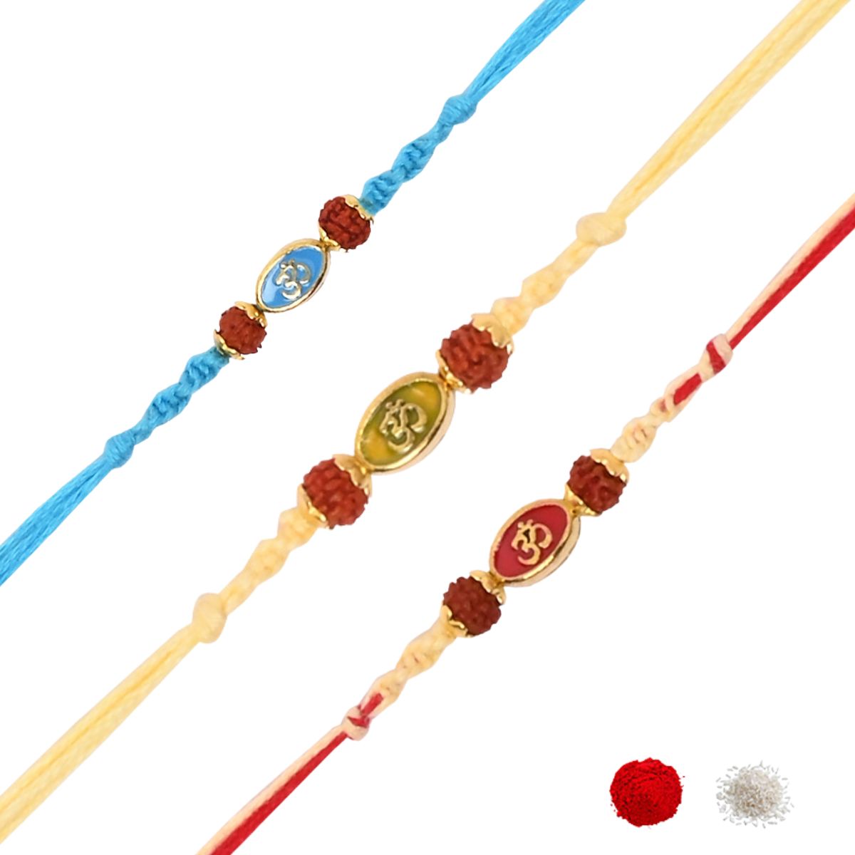OM Enamel Rakhi with Roli Chawal & Rakshabandhan Card (Pack of 3)