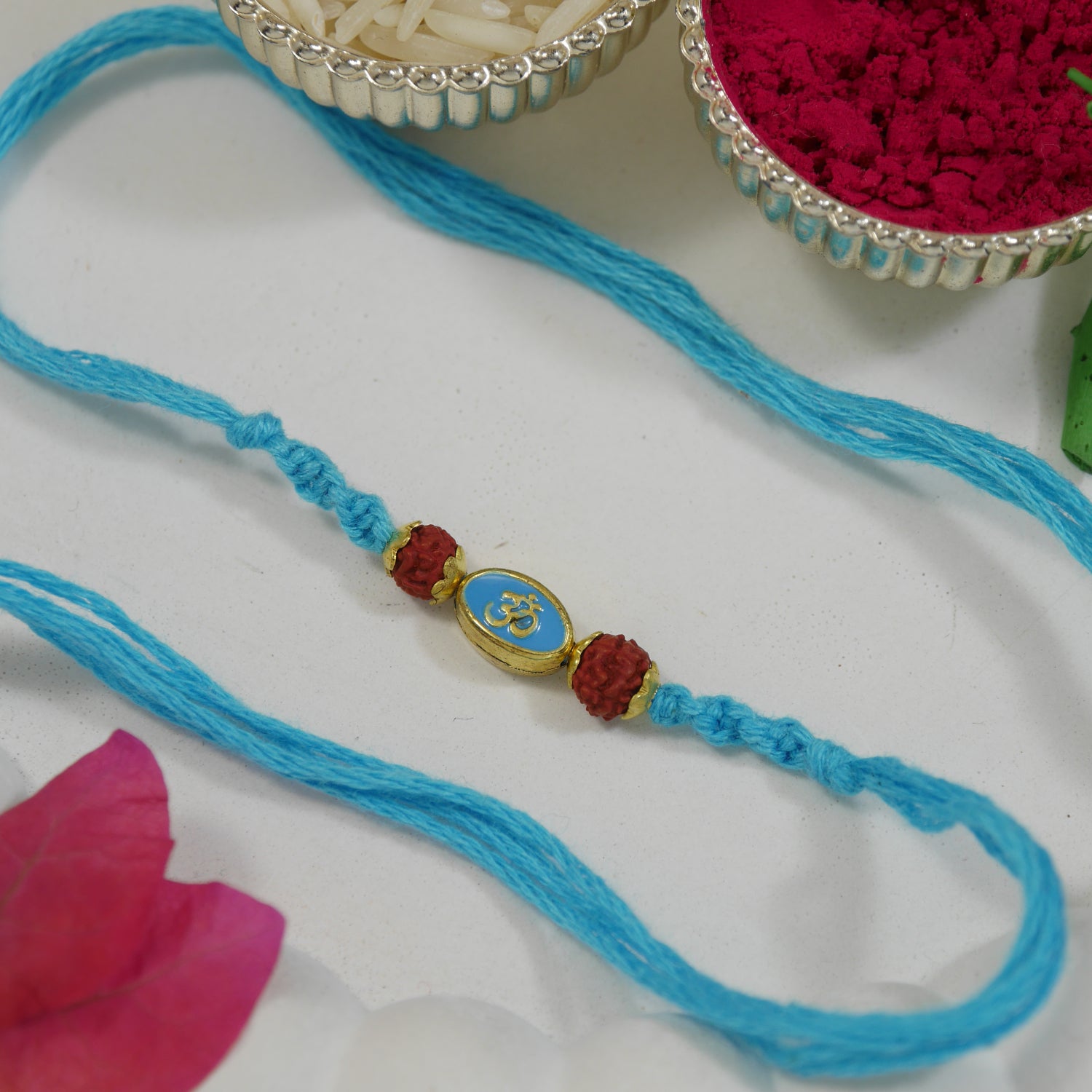 Om Enamel Turquoise Rakhi with Roli Chawal & Raksha Bandhan Card