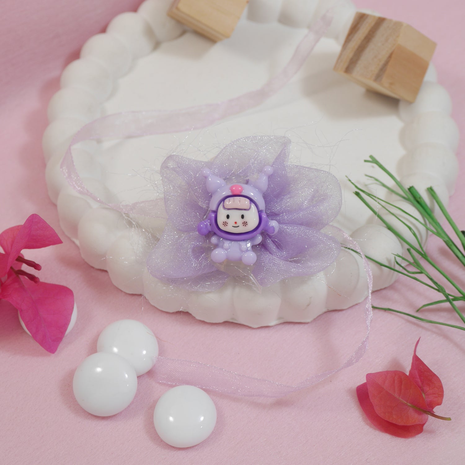 Cute Purple Organza Flower Rakhi with Roli Chawal & Rakshabandhan Card