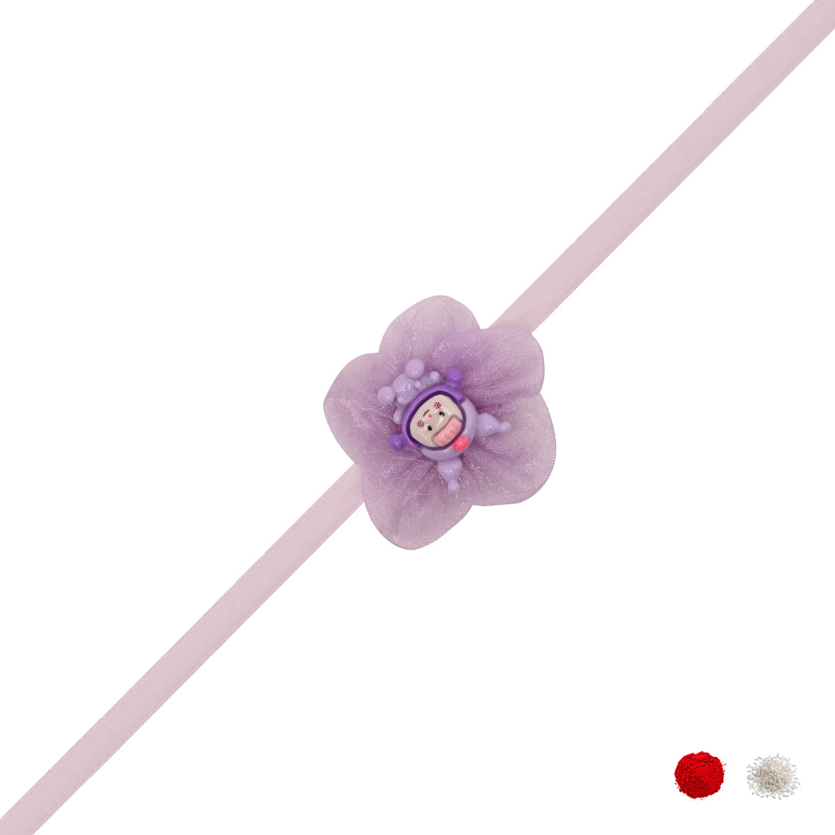 Cute Purple Organza Flower Rakhi with Roli Chawal & Rakshabandhan Card