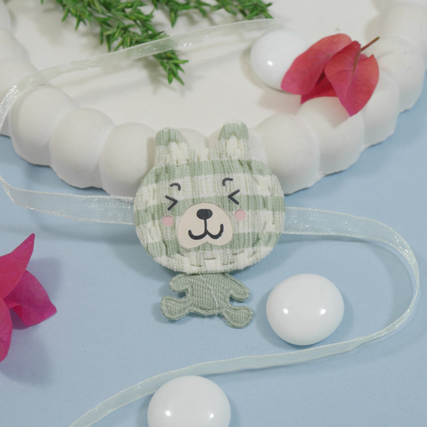 Soft Green Teddy Bear Rakhi with Roli Chawal & Rakshabhandan Card