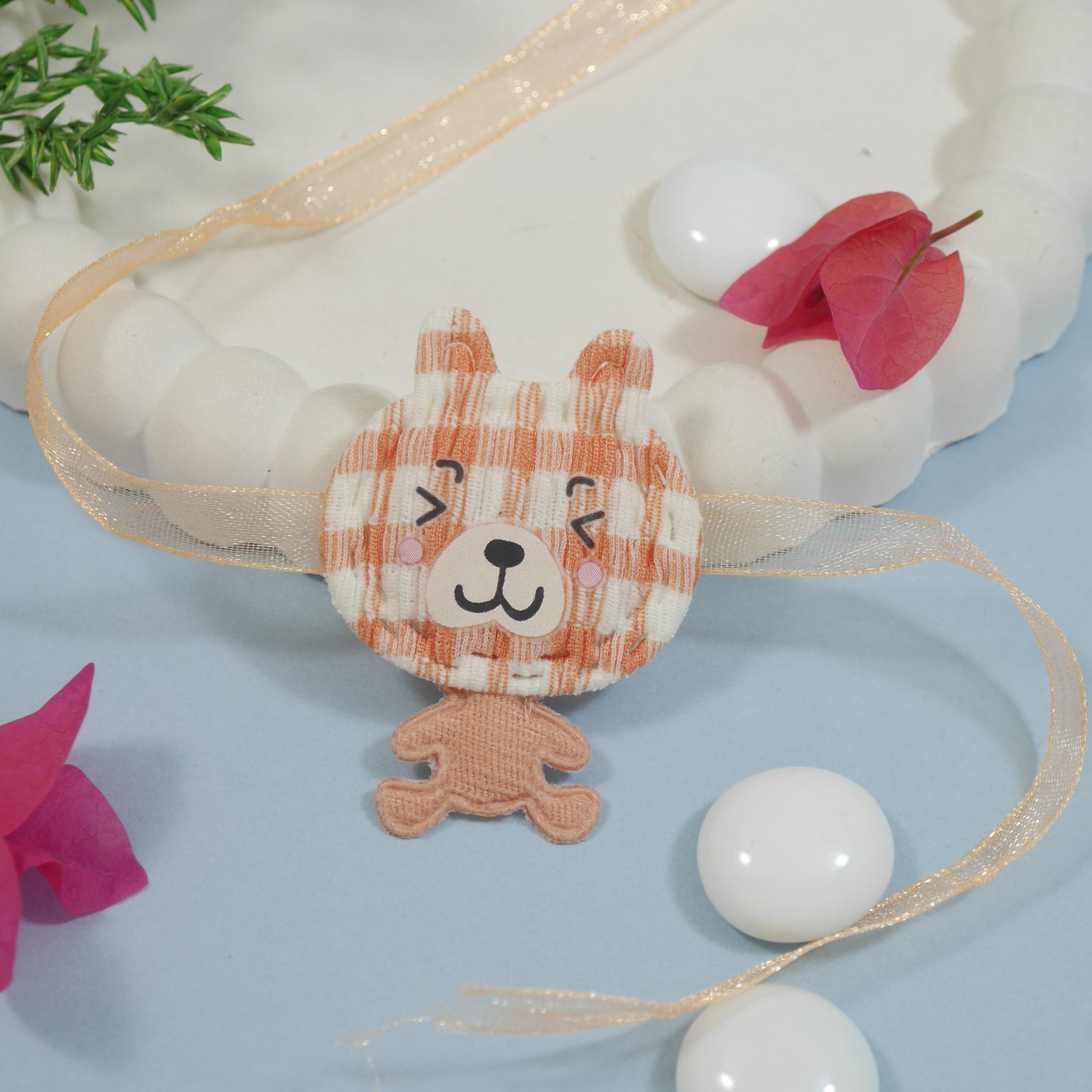 Soft Peach Teddy Bear Rakhi with Roli Chawal & Rakshabhandan Card